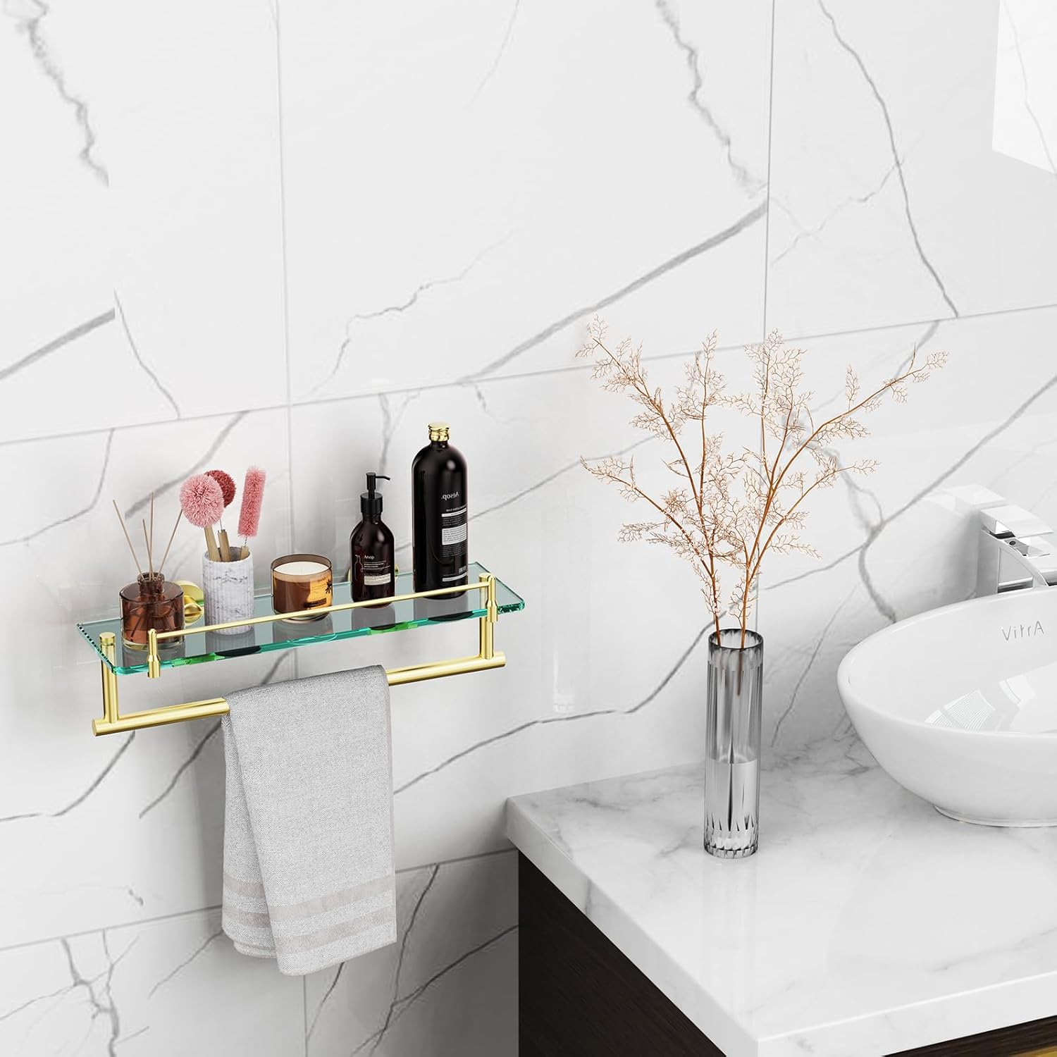 Glass Shelves for Bathroom 2 Pack,20-Inch Brushed Gold Towel Bar Glass Bathroom Shelves(Brushed Gold)