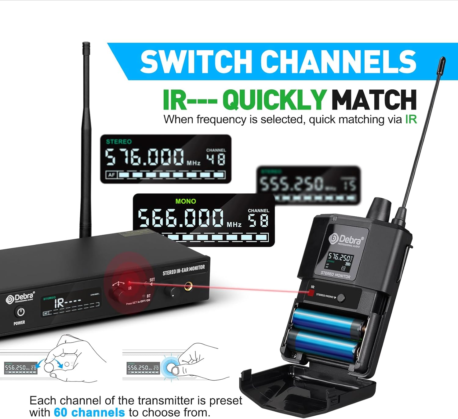 D Debra Audio PRO ST-202 UHF Stereo Wireless in Ear Monitor System, Dual Channel Wireless IEM with Monitoring Type for Stage, Receiver for Studio, Guitar, Band Performance (Dual Channel, 4 Bodypack)