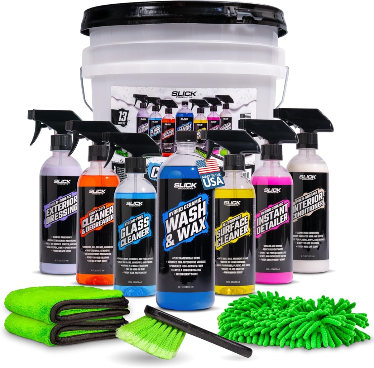 Slick Products Car Wash & Detail Kit (13-Piece) – Complete Car Cleaning & Detailing Kit with Ceramic Wash, Degreaser, Interior Cleaner, Glass Cleaner, Towels, Brush, Wash Bucket & More
