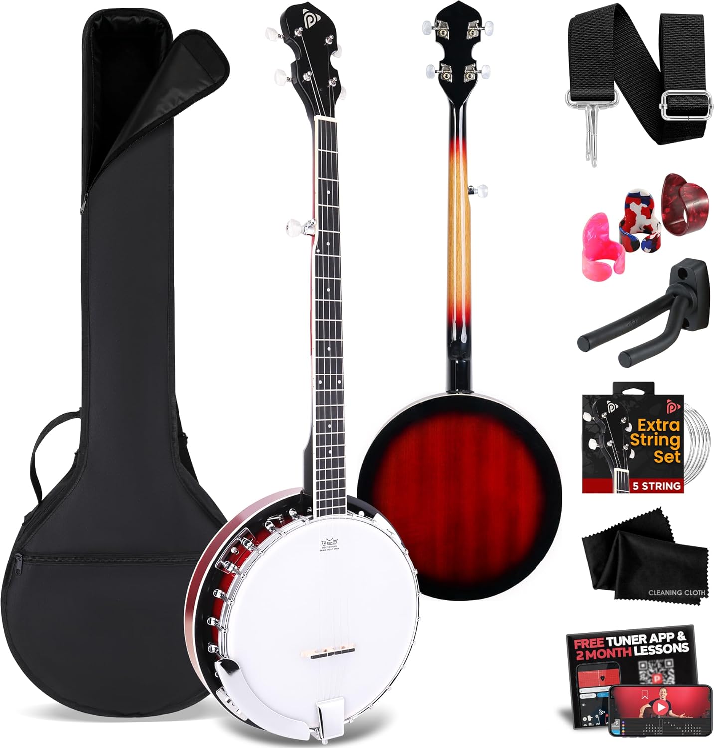 Pyle 5 String Resonator Banjo - Full Size 24 Bracket, Geared 5th Tuner Professional Instrument w/Remo Drum & Hardwood Back - Full Beginner Starter Kit Gig Bag, Tuner, Strings, Picks, Strap, tools