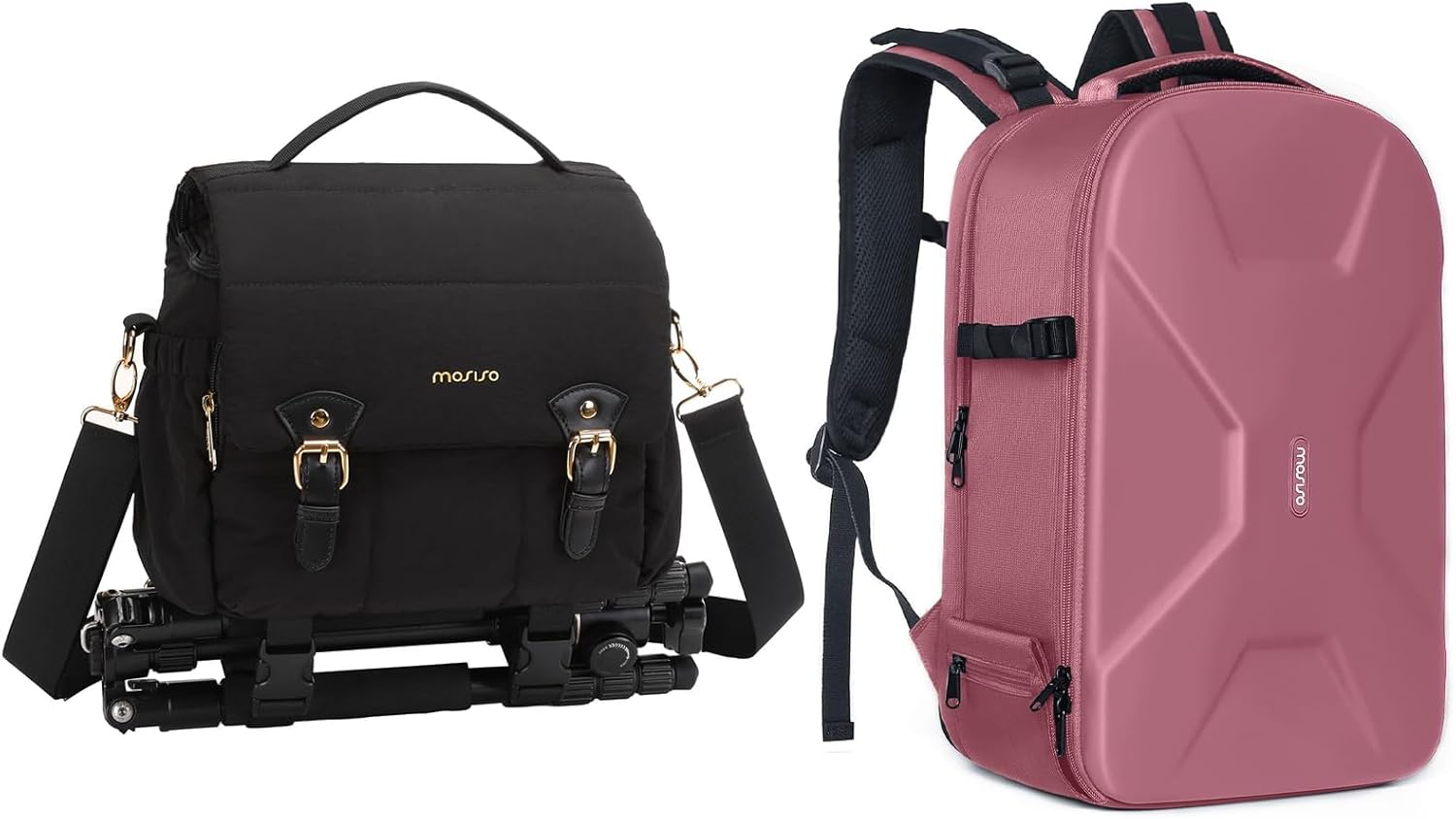 MOSISO 15-16 inch Waterproof Hardshell Case Camera Backpack with Tripod Holder&Laptop Compartment, Padded Flap Crossbody Photography Handbag for Women with Tripod Holder&Rain Cover, Dusty Rose&Black