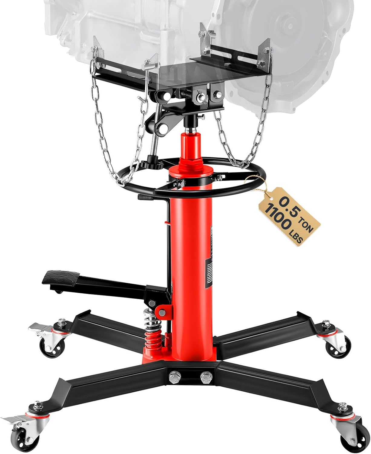 VEVOR 1/2Ton/1100lbs Capacity Hydraulic Transmission Jack, Car & Truck Compatible, 33.5-67 Inch Lift Range, 2-Stage Jack Stand with Foot Pedal, 360 Swivel Wheel, Red