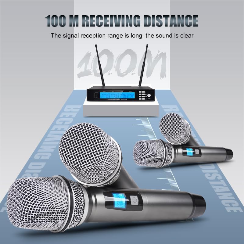 4-Channel UHF Wireless Mic System, Adjustable Frequency, 4 Metal Moving Coil Handheld Mics, 160ft Range, for Church, KTV, Events