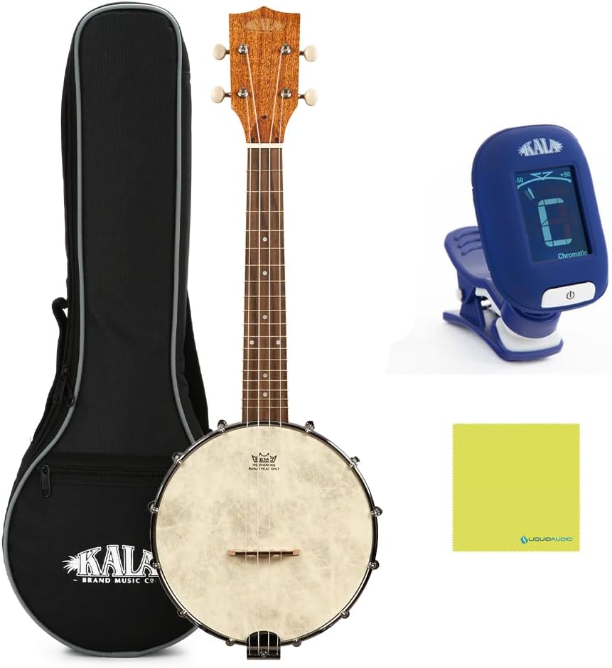 Kala Banjo Concert Ukulele with Bag, Natural Mahogany Bundle with Kala Klipz Tuner in Blue and Liquid Audio Instrument Polishing Cloth - Kala KA-BNJ-MHG-C Model