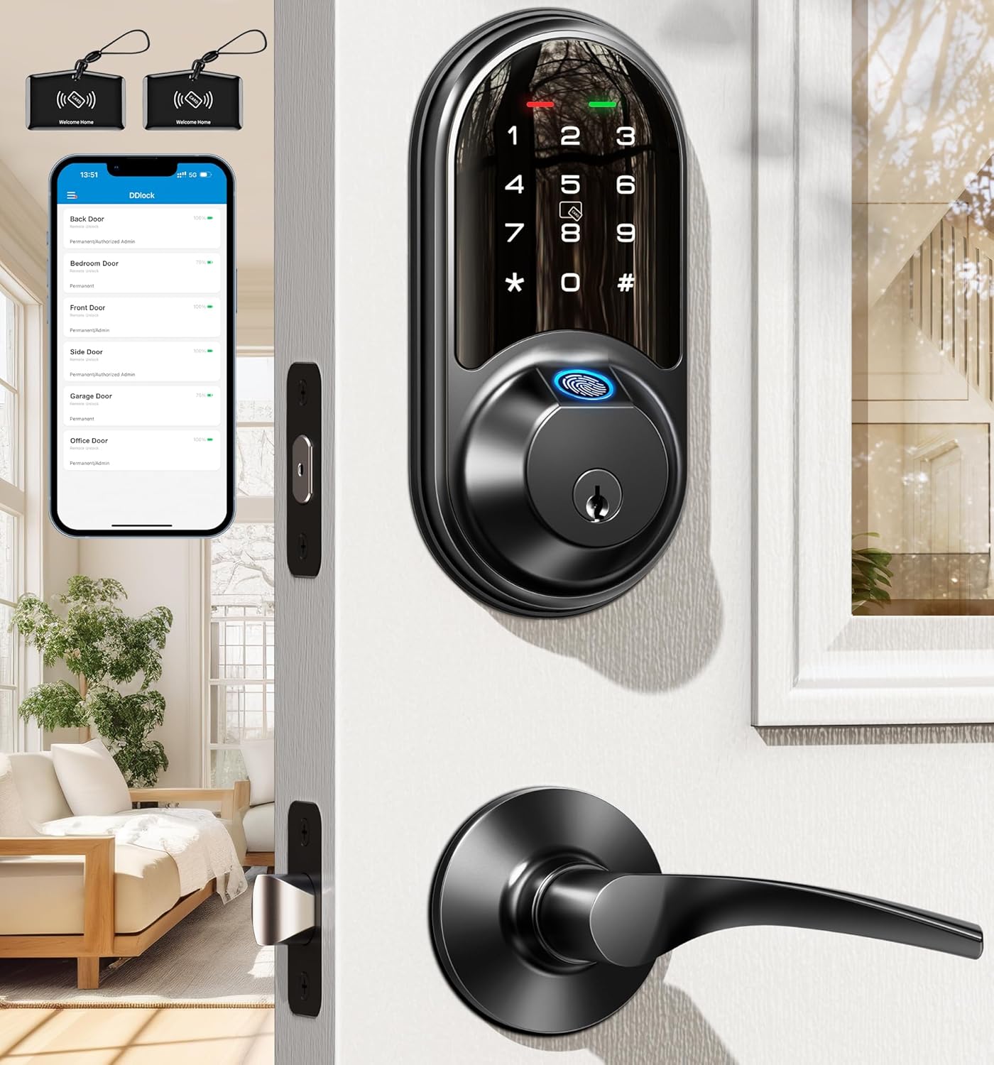 Veise RZ07B Smart Locks for Front Door, 2 Lever Handles, Fingerprint Keyless Entry, App Control Biometric Door Lock Set, Touchscreen Keypad Deadbolt, Easy Install, Auto Locking, Matte Black