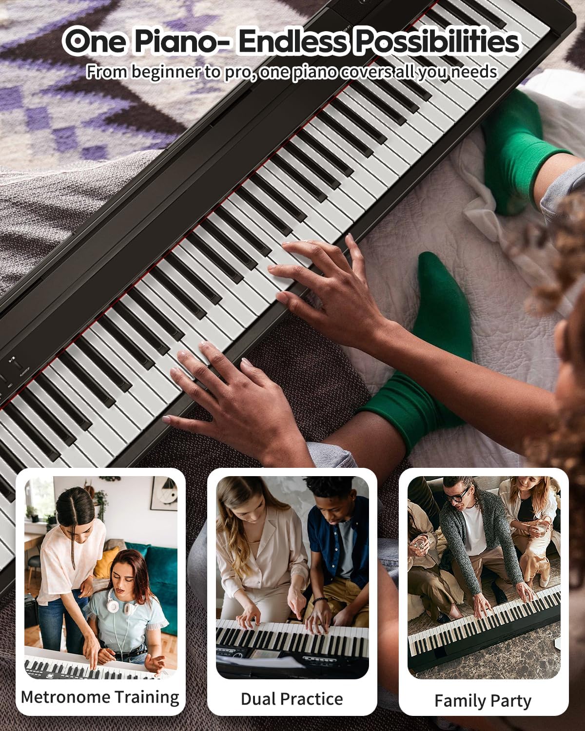 STRICH Digital Piano 88 Key Full Size Weighted Keyboard, Hammer-Action Portable Electric Piano For Beginner Adults, Bundle With Sustain Pedal, Piano Stickers, Music Rest, Black, SDP-P7