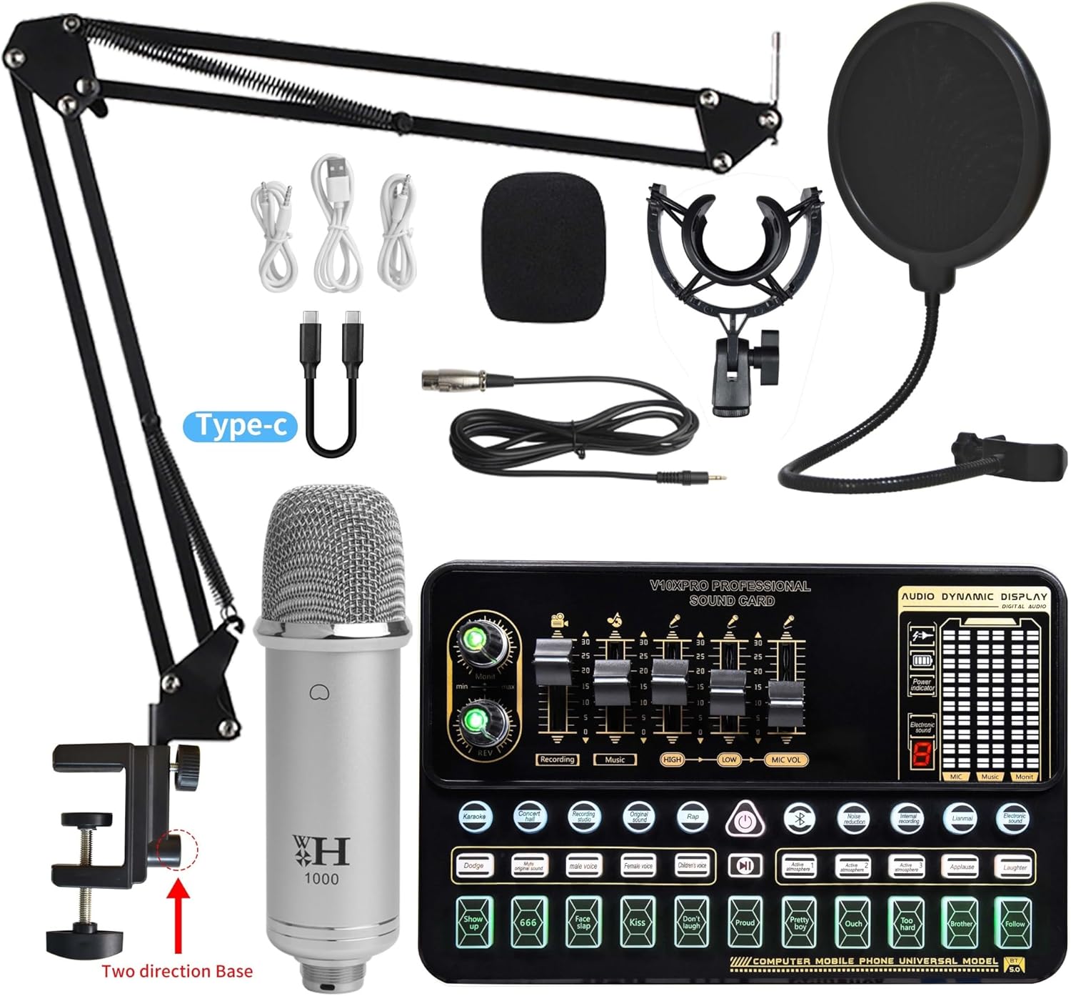 Condenser Microphone Bundle Sound Card Kit with Adjustable Mic Suspension Scissor Arm Professional Studio Wireless Karaoke MIC Studio Setup for Recording Music
