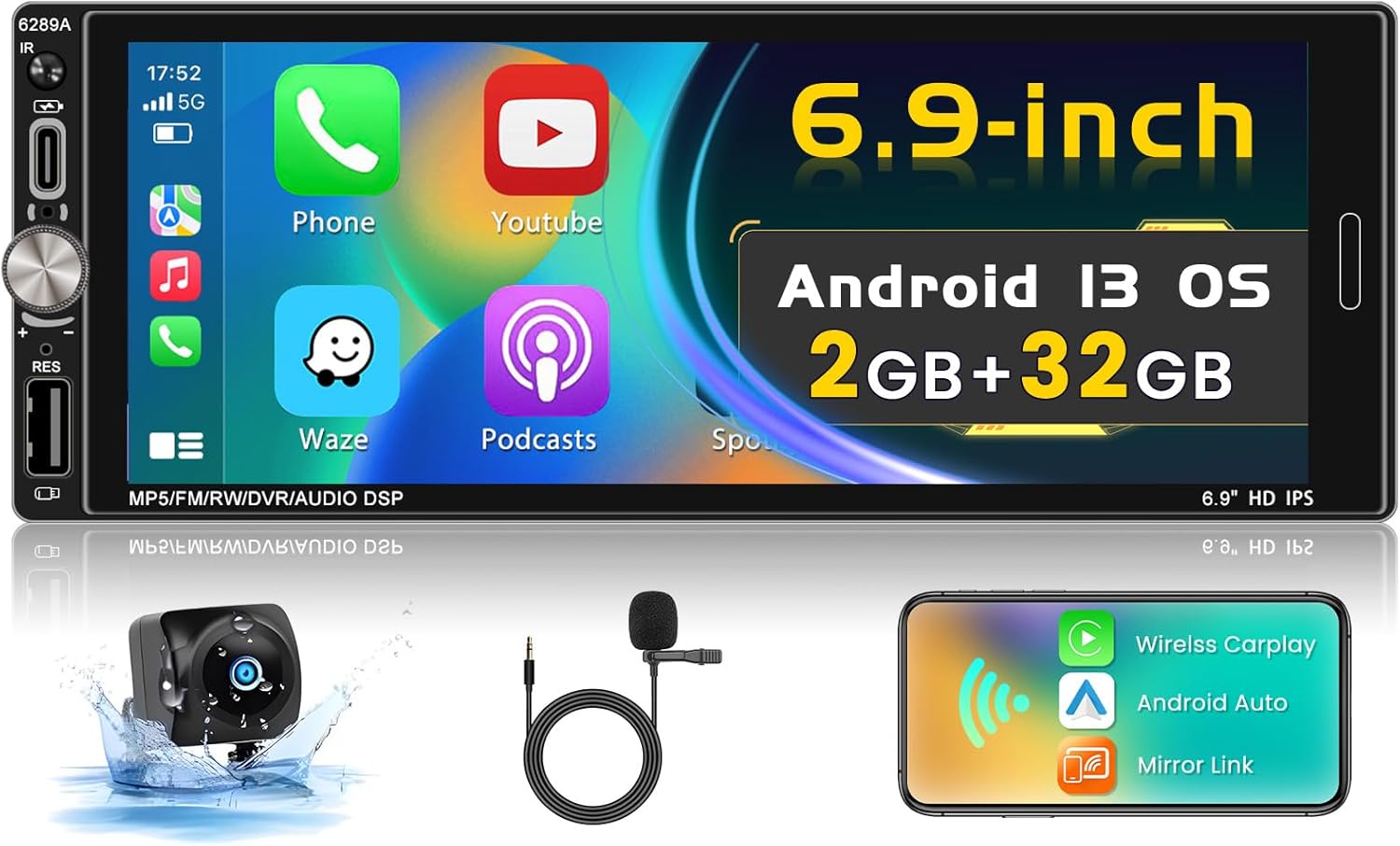 [2+32GB] 6.9 Inch Single Din Android 15 Car Radio with Wireless Carplay Android Auto, Touchscreen Car Stereo with WiFi GPS Bluetooth5.0 FM/RDS 32EQ SWC Type-C/USB Port with Backup Camera MIC