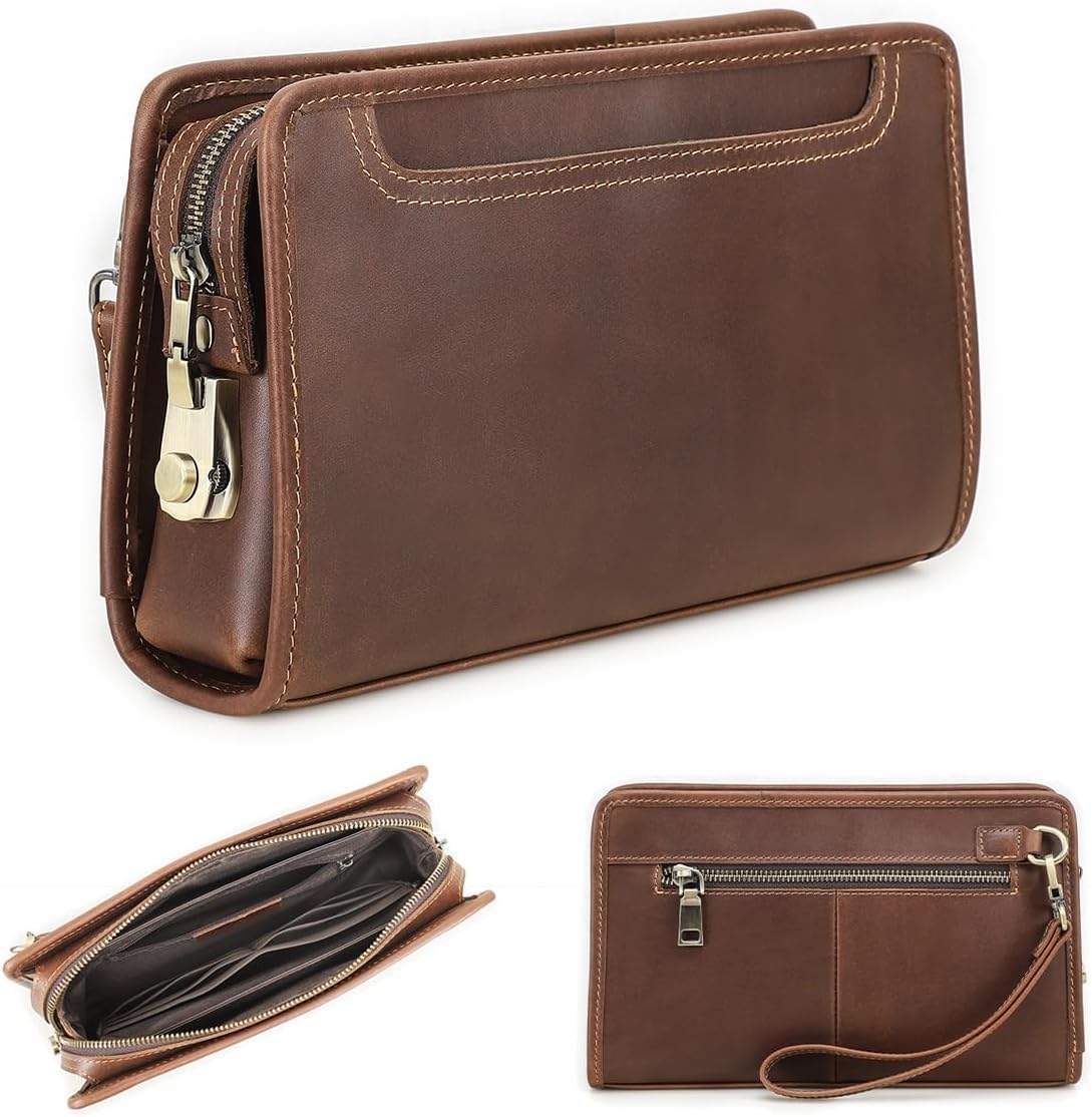 Men's Anti-Theft Travel Clutch Wallet Full Genuine Leather Bag with Code Lock RFID Blocking Gift Box