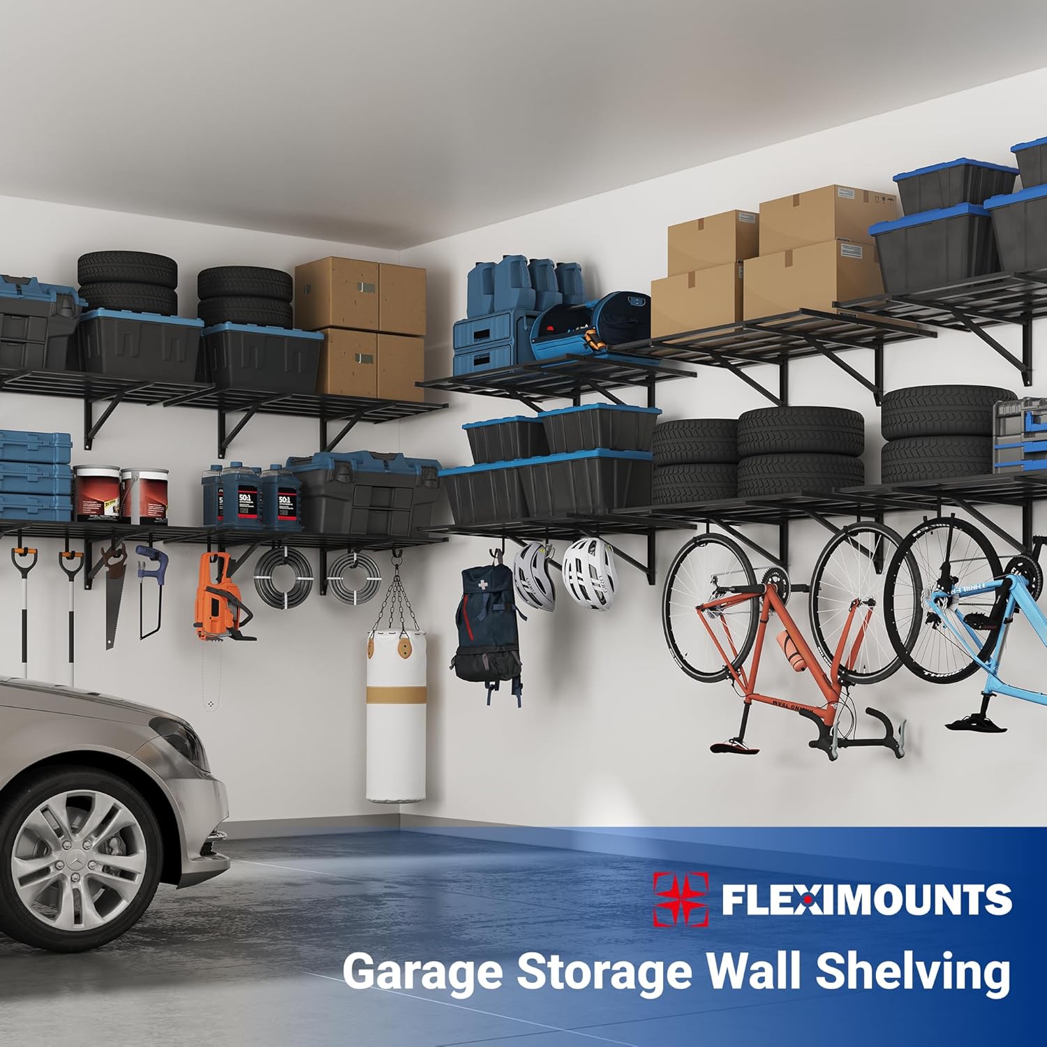 FLEXIMOUNTS 2-Pack 2x4ft Heavy Duty Garage Wall Shelving, 800lbs Capacity, Garage Shelving Wall Mounted with 8 Hooks for Power Tools, Garden Supplies, Storage Bins, Pro Series