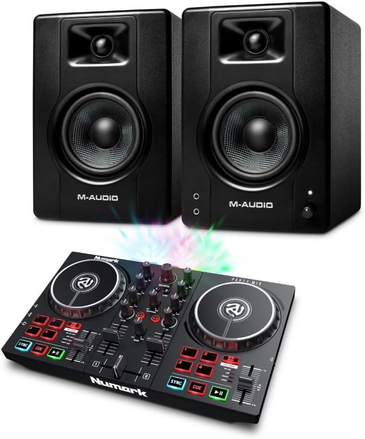 Numark Party Mix II DJ Controller and M-AUDIO BX4 Pair Studio Monitors for Studio Recording, Music Production, Podcasting, Streaming