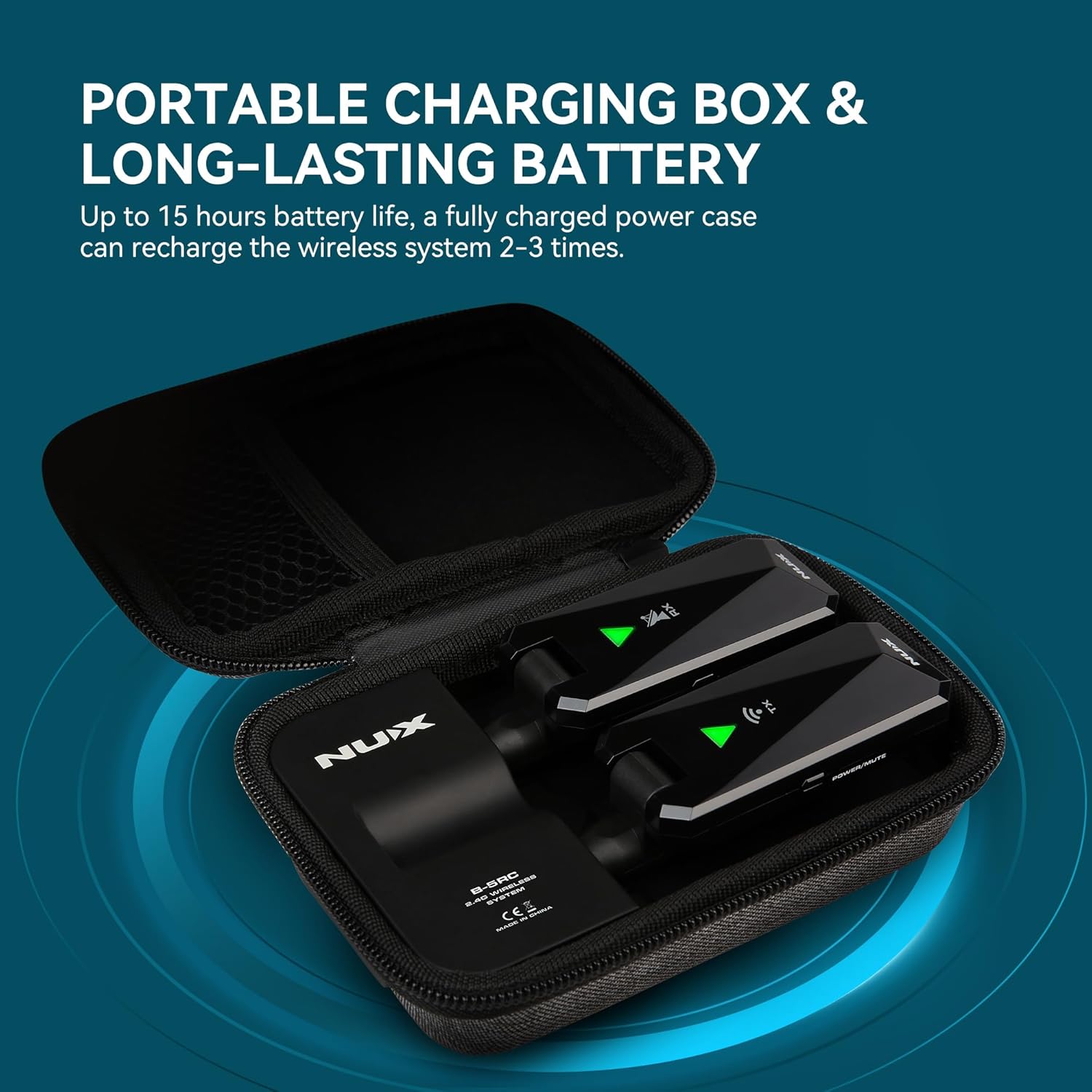 NUX B-5RC Wireless Guitar System with Charging Case, 2.4GHz Wireless Transmitter and Receiver with Active or Passive Pickup，Auto Match, Mute Function, Cabletone Function, Black