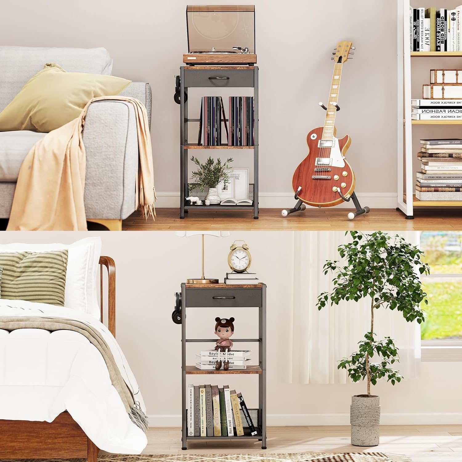 Guitar & Record Stand for 6 Guitars, 3-Tier Adjustable Floor Rack with Soft Pads and Cloth Drawer, Display Storage for Acoustic Electric Bass, Amp, Vinyl Albums