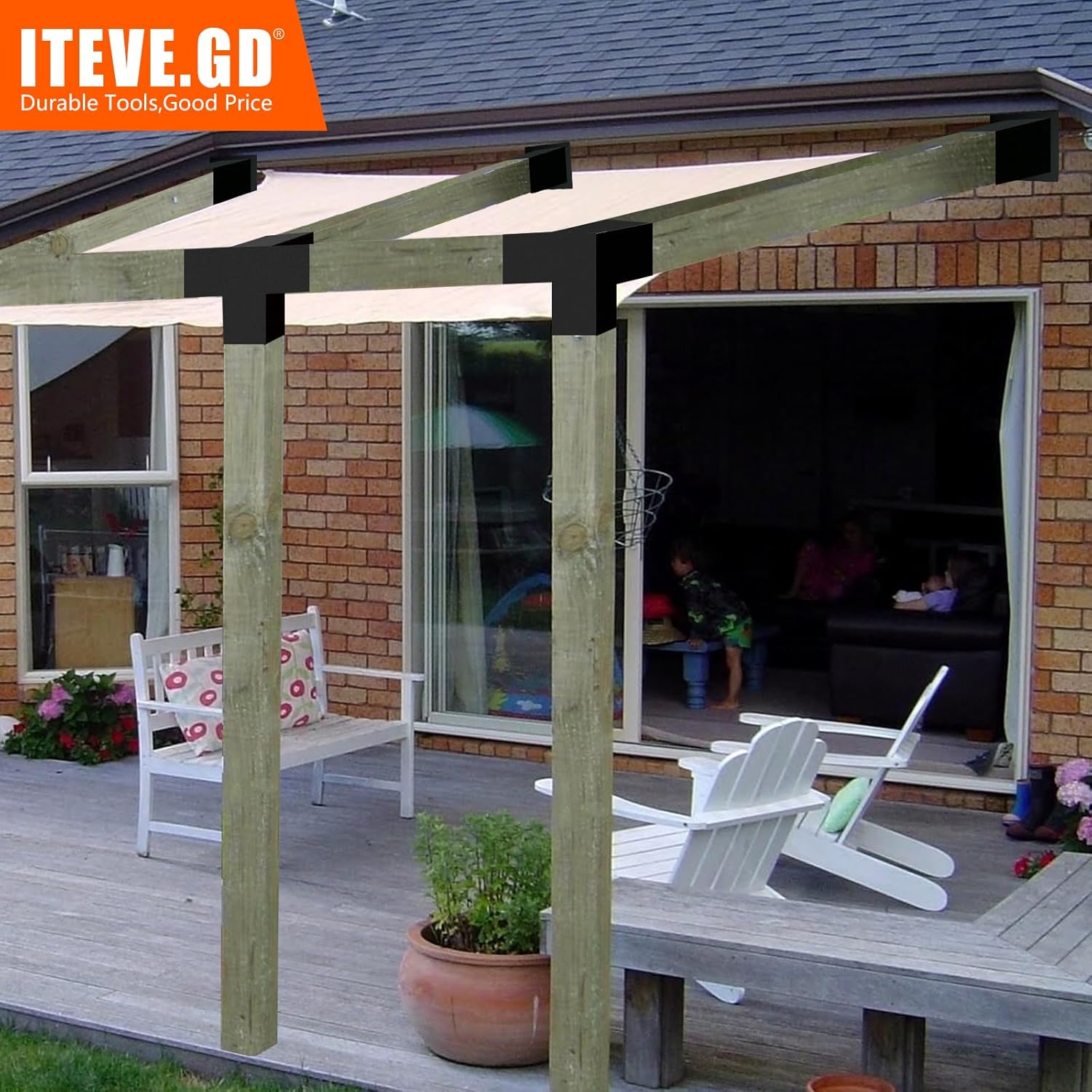 30° Slanted Roof Pergola Brackets Kit,4-Way Right Angled Corner Bracket with Wall Mount Post Base for 4x4 (Actual:3.5