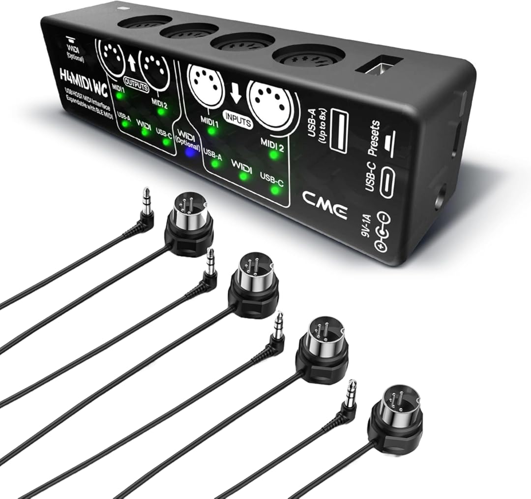 CME H4MIDI WC + 4-Pack 1-FT TRS MIDI Cables - USB Host MIDI Interface with Router, Mapper & Filter + 4-Pack 1-FT TRS 3.5 (1/8
