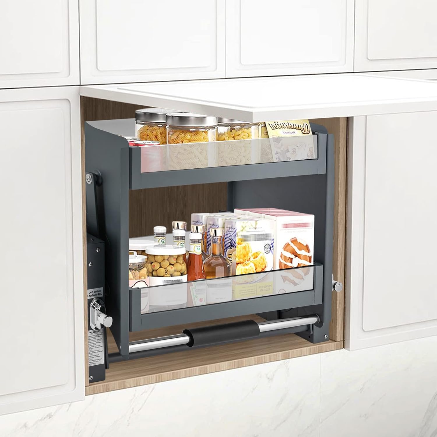 Pull Down Shelf, 24 Inch Upper Kitchen Wall Cabinet Storage Organizer, 2-Tier, Pneumatic Assist, Adjustable Storage Rack, Hydraulic Pull Down Basket, for Kitchen, Pantry, Cabinet