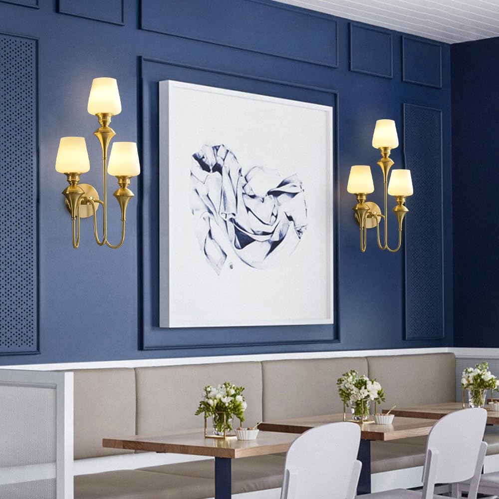 Brass Wall Lights Fixture Indoor, Vintage 3-Lights Wall Sconce Fixtures with Milky White Glass Lampshade, Mid Century Modern Gold Wall Mount Lamps Decor for Farmhouse Living Room Bedroom