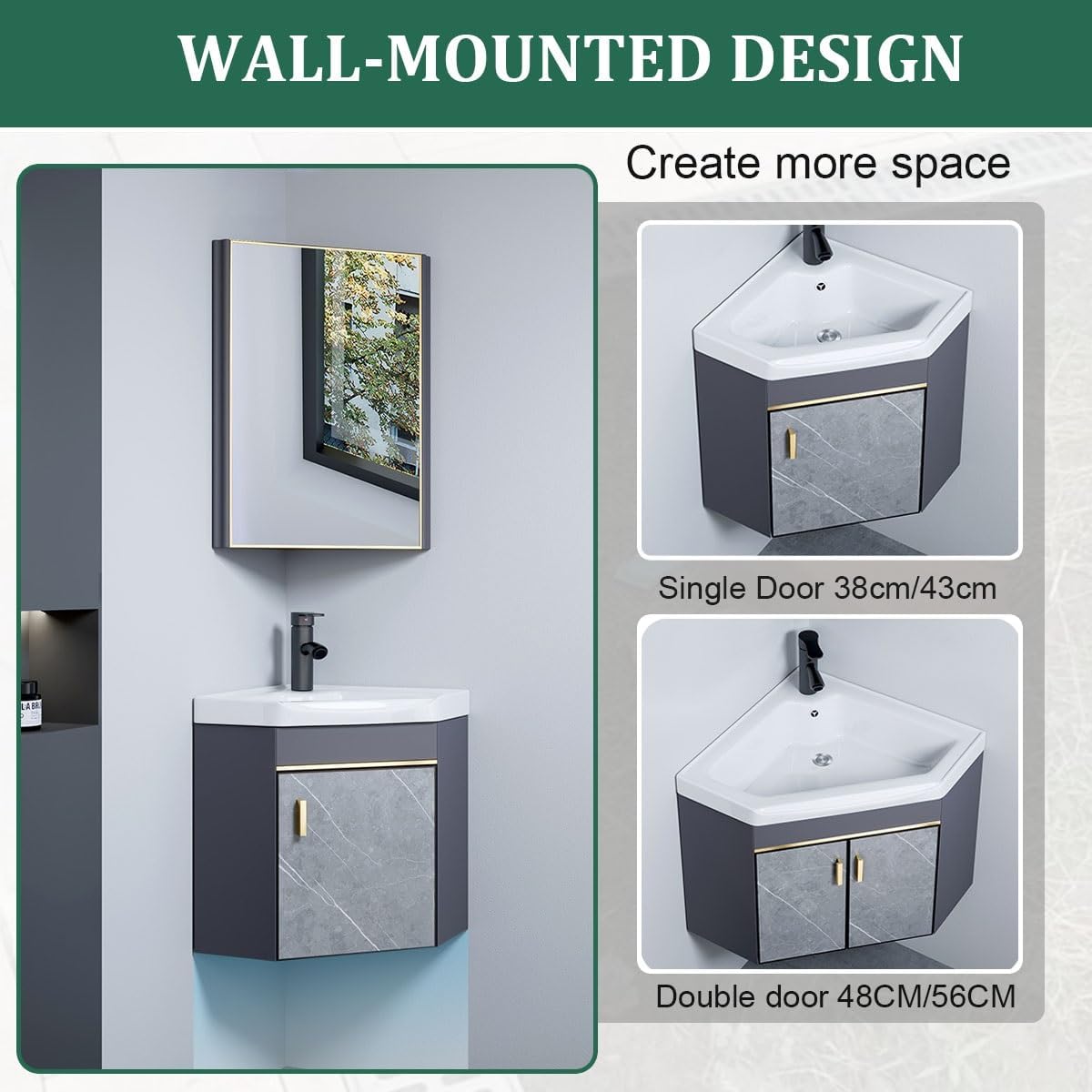Corner Bathroom Vanity Sink Combo with Mirror, Wall Mount Corner Bathroom Sink Cabinet, Ceramic Bathroom Corner Sink for Small Bathrooms(56cm/22in)