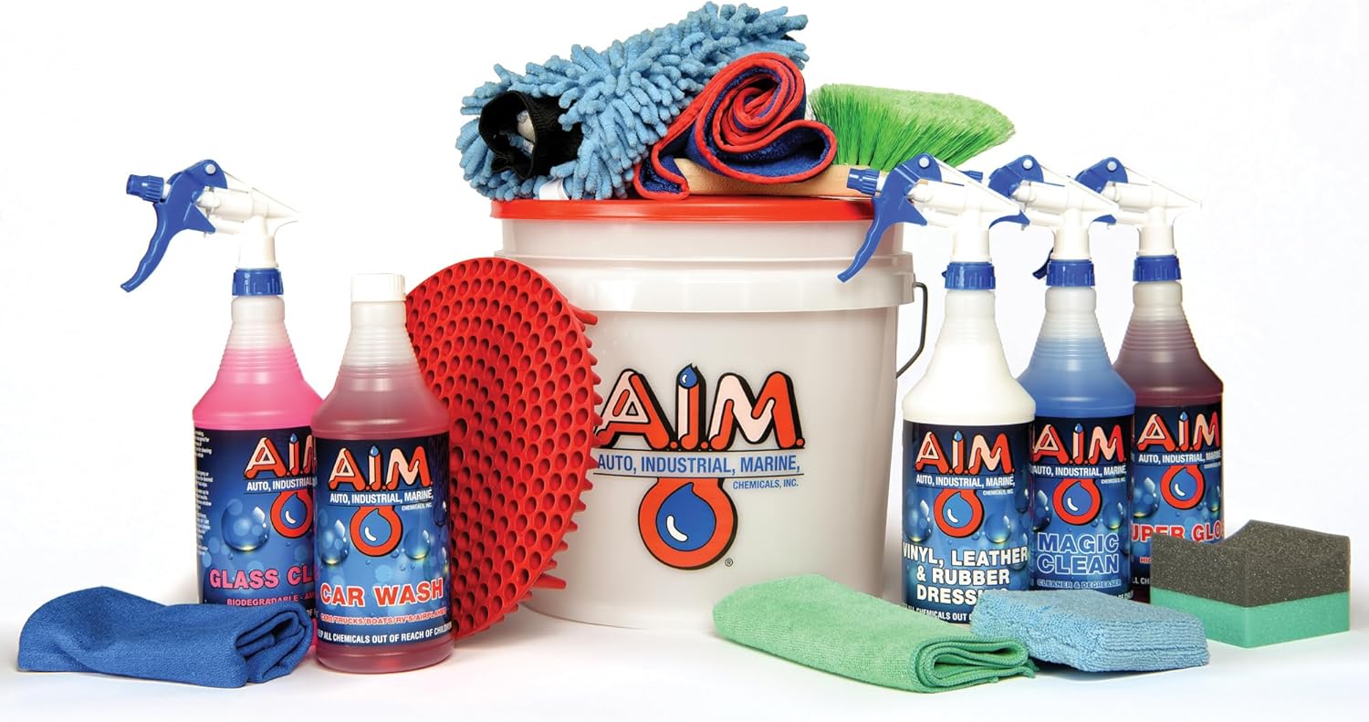 A.I.M. Chemicals 15 pce Professional Car Wash Kit - 5ea. 32oz. Bottles of Cleaning Concentrates Car Care, Complete Cleaning Kit for Wheels,Tires, Engines,Glass,Carpet,Upholstery,Vinyl,Painted Surfaces