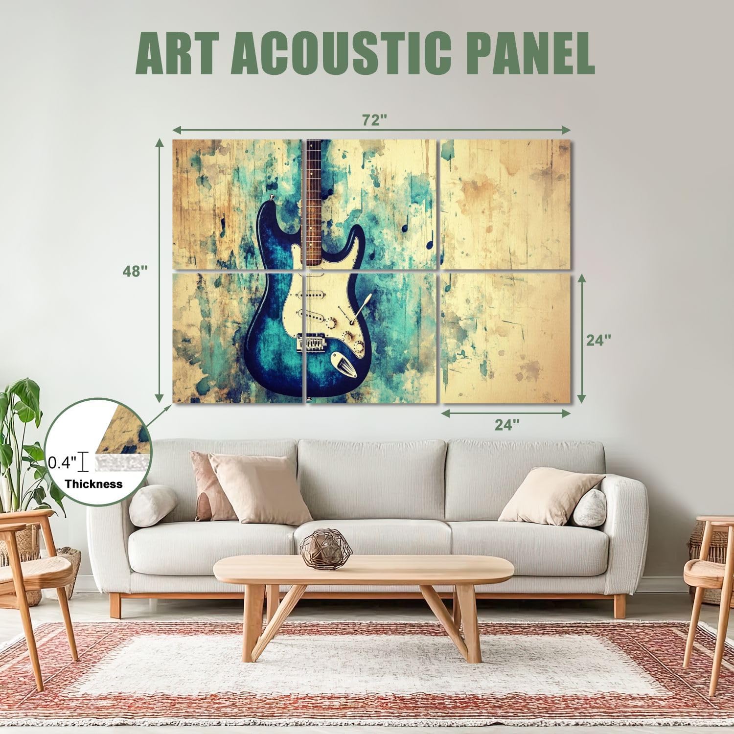 6 Pack Art Acoustic Panels Sound Absorbing Modern Blue Guitar Musical Themed Electric Hues Paint Splatter Notes Decorative Soundproof Wall Panels Self Adhesive for Recording Studios Office 72