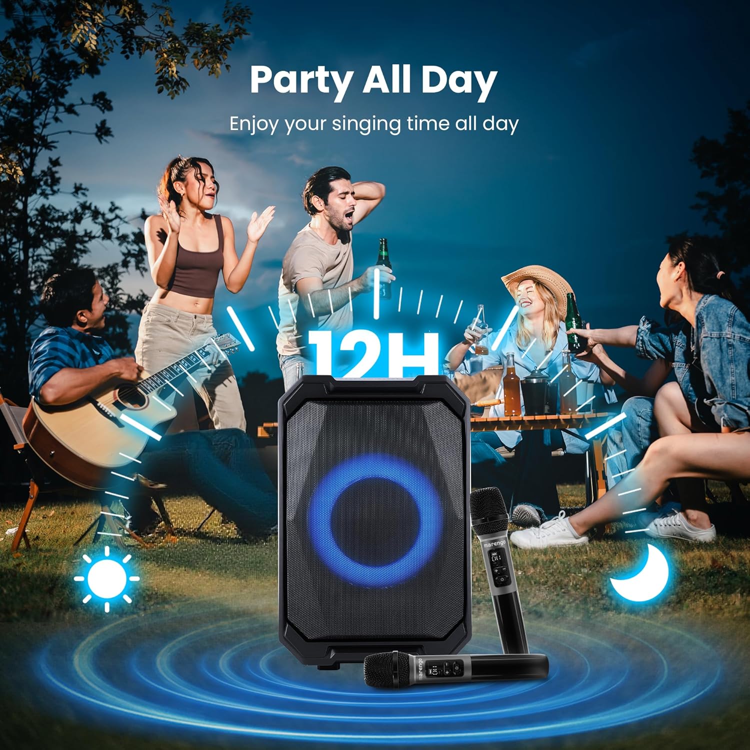 Karaoke Machine with 2 Wireless Microphones, Portable Bluetooth Party Karaoke Speaker with LED Lights, Bass/Treble Adjustment, TWS, 800W(Peak) PA System for Home Party, Supports USB/AUX/REC/Mic-in