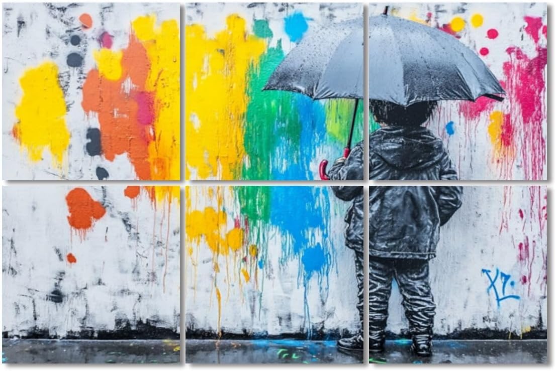 6 Pack Art Acoustic Panels Sound Absorbing Raining Day Colorful Graffiti Street Famous Modern Inspirational Grey Decorative Soundproof Wall Panels Self Adhesive for Recording Studios Office 72