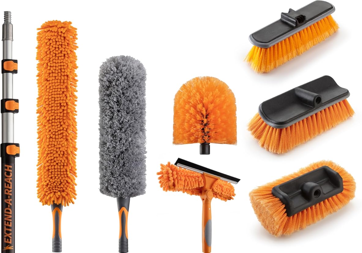 20 Foot High Ceiling Duster and Brush Kit with 4-12 ft Extension Pole // Telescoping Duster, Window Squeegee and Cobweb Duster with Exension Pole // Interior and Exterior House Cleaning Brushes