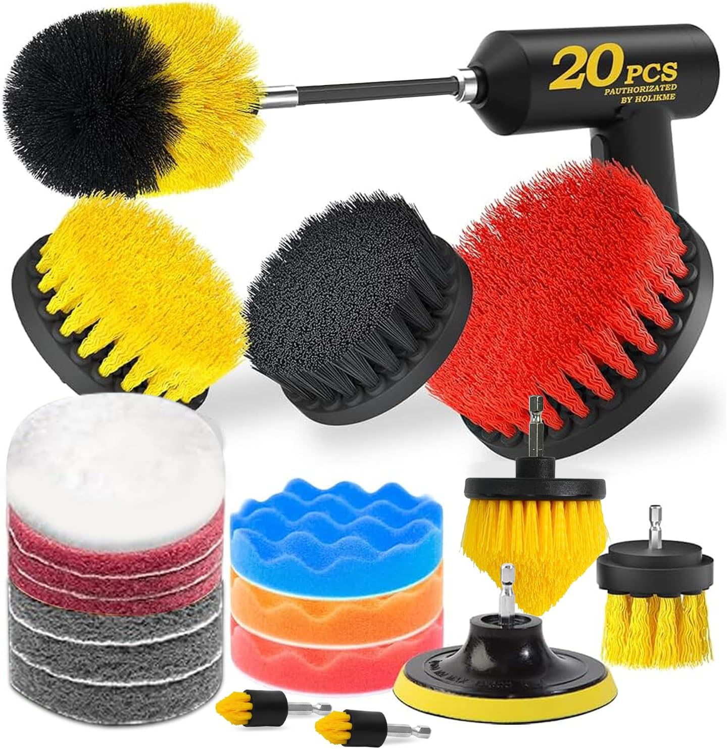 Drill Brush Attachments Set, All Purpose Power Clean Scrubber Brush Heads Scrub Pads & Sponge for Drill with Extend Long Attachment for Bathroom, Kitchen, Floor, Car, Grout,Tub,Tile,Corners