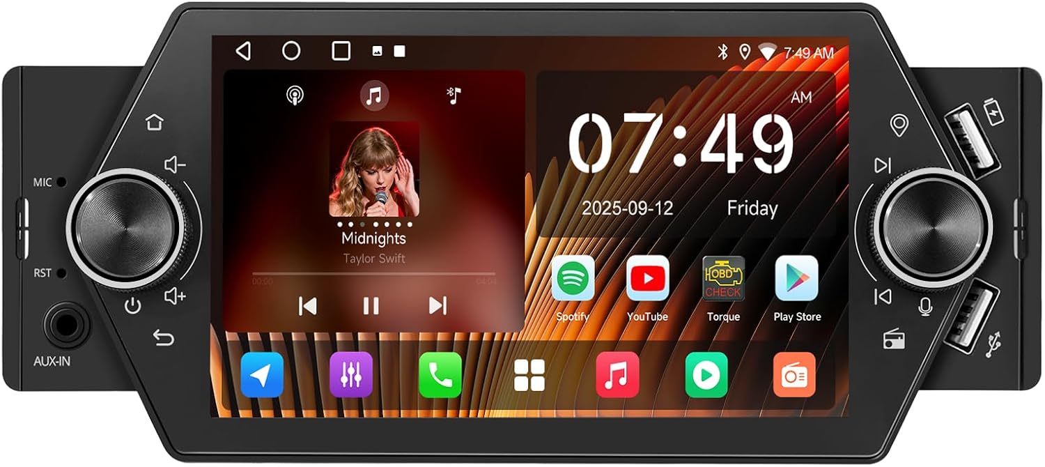A5L Android Single Din Car Stereo, 5inch Bluetooth Car Radio Wireless CarPlay&Android Auto, Wi-Fi/GPS, AUX-in, USB QC2.0 Fast Charging, SD Card Slot, EQ, DSP, LRV, FM/AM Radio