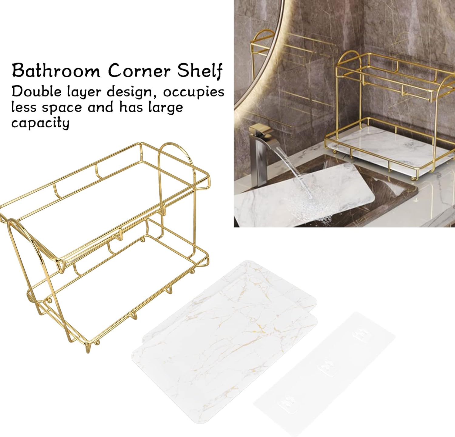 Bathroom Shelf Wall Mounted, 2 Tiers Gold Bathroom Countertop Rack Metal Storage Shelf Bathroom Corner Shelf Bathroom Countertop Rack Bathroom Container for Home Hotel Gold