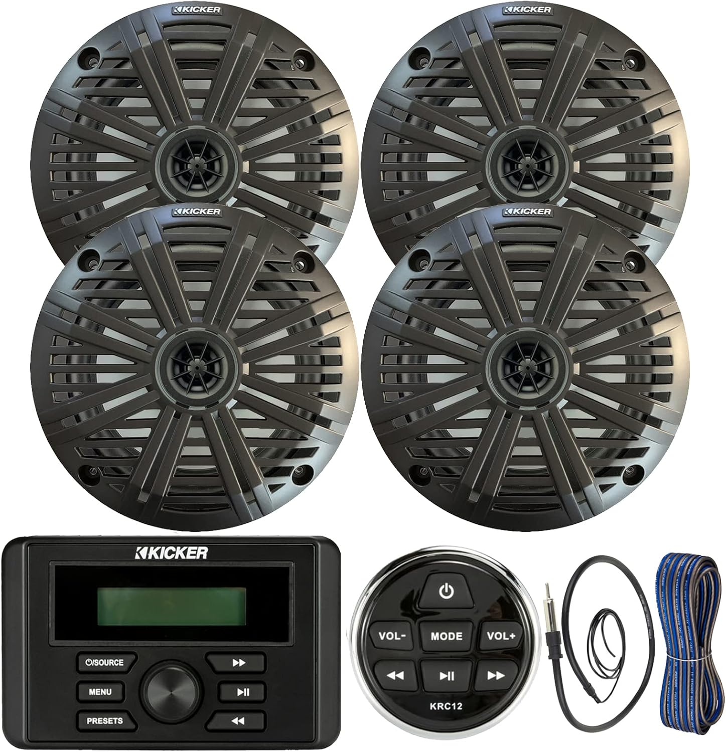 Kicker Weather-Resistant Marine Bluetooth USB RCA Stereo Receiver w/Remote Bundle with (QTY 4) 6.5