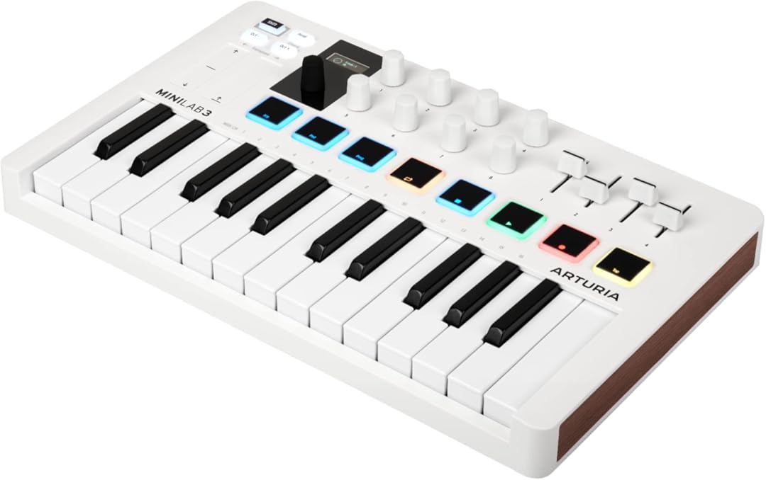 Arturia MiniLab 3 - Universal MIDI Controller for Music Production, with All-in-One Software Package - 25 Keys, 8 Multi-Color Pads - White