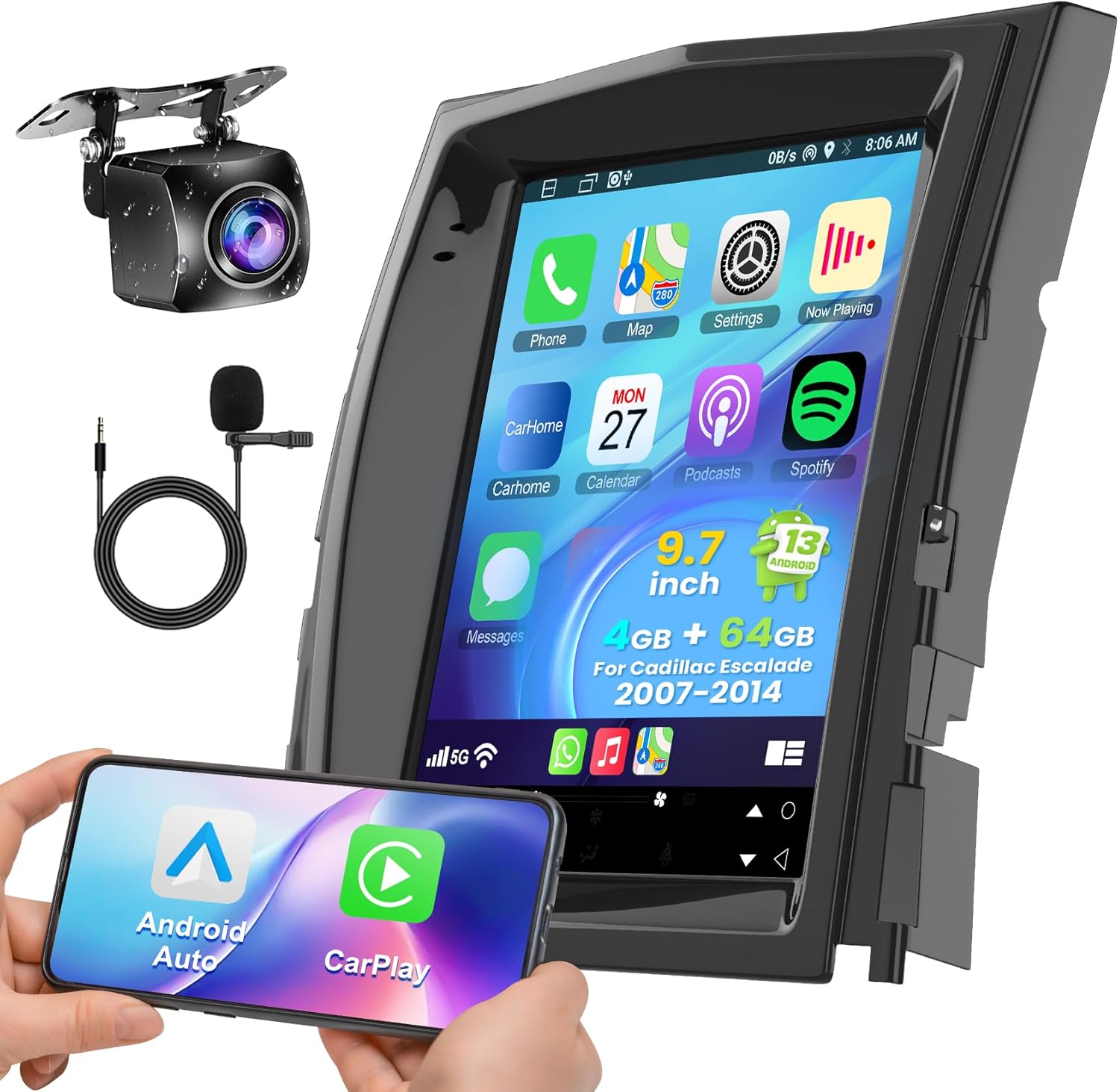 4+64 5G WiFi Car Radio for Cadillac Escalade 2007 2008 2009 2010 2011 2012 2013 2014, Android Stereo with Wireless Carplay&Android Auto, Support Bluetooth5.2/1080P Camera/GPS/SWC/Built-in DSP