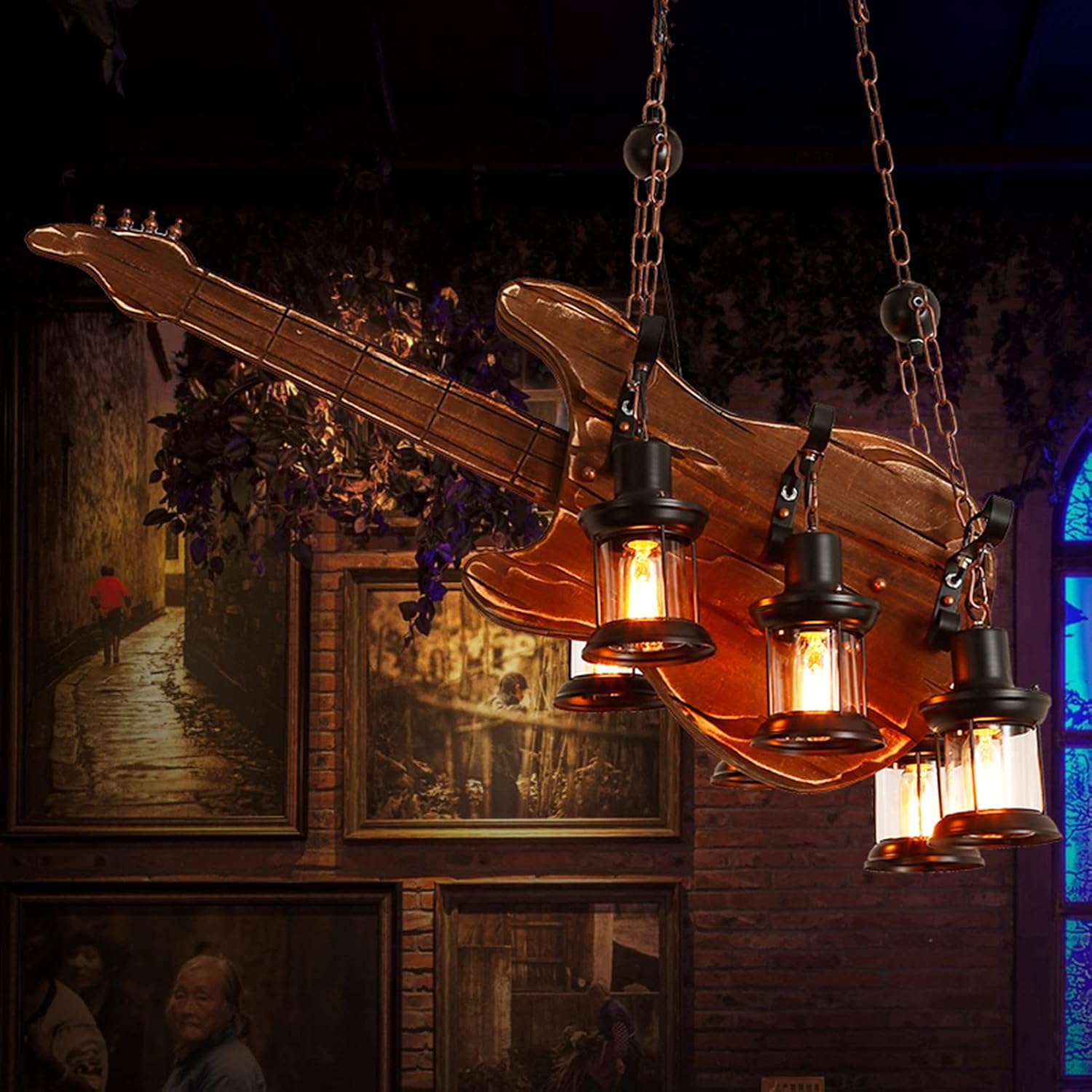 Guitar Wood Droplight,6 Lights Bass Industrial Retro Chaner, Children's Lamp with Spotlight Ceiling Lighting,for Home Office Bedroom Coffee Shop
