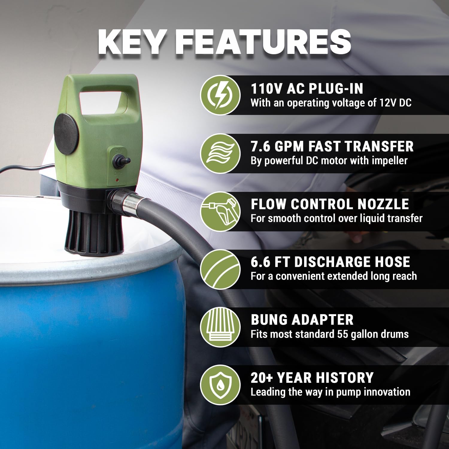 TERA PUMP Electric Drum Barrel Siphon for 55 Gallon Drums with Corrugated P.E. Discharge Hose with Easy Squeeze Nozzle (7.6 Gallon/Min)