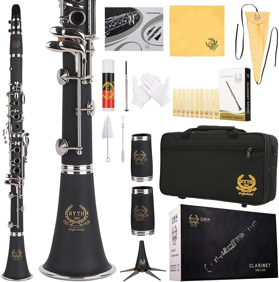 Rhythm Bb Clarinet 17 Nickel Keys Woodwind Band & Orchestra Musical Instruments for Beginners Includes Case, Stand, 10 Reeds and Cleaning Kit-Black/Silver keys