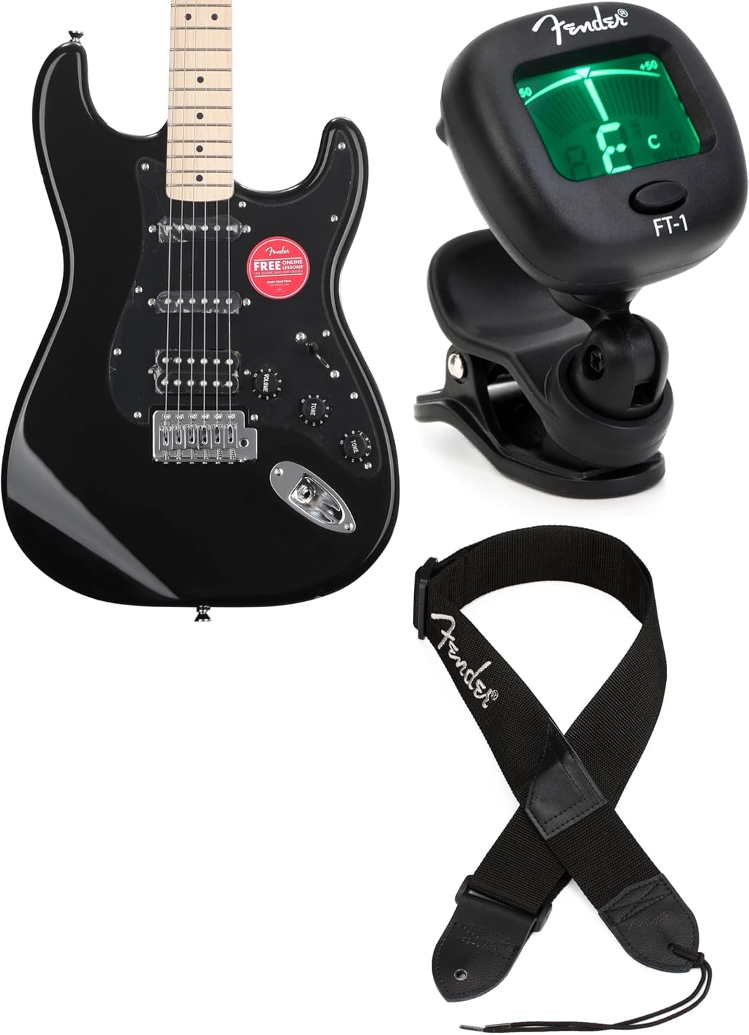 Fender Squier Sonic Stratocaster HSS Electric Guitar - Black, Includes Tuner and Strap