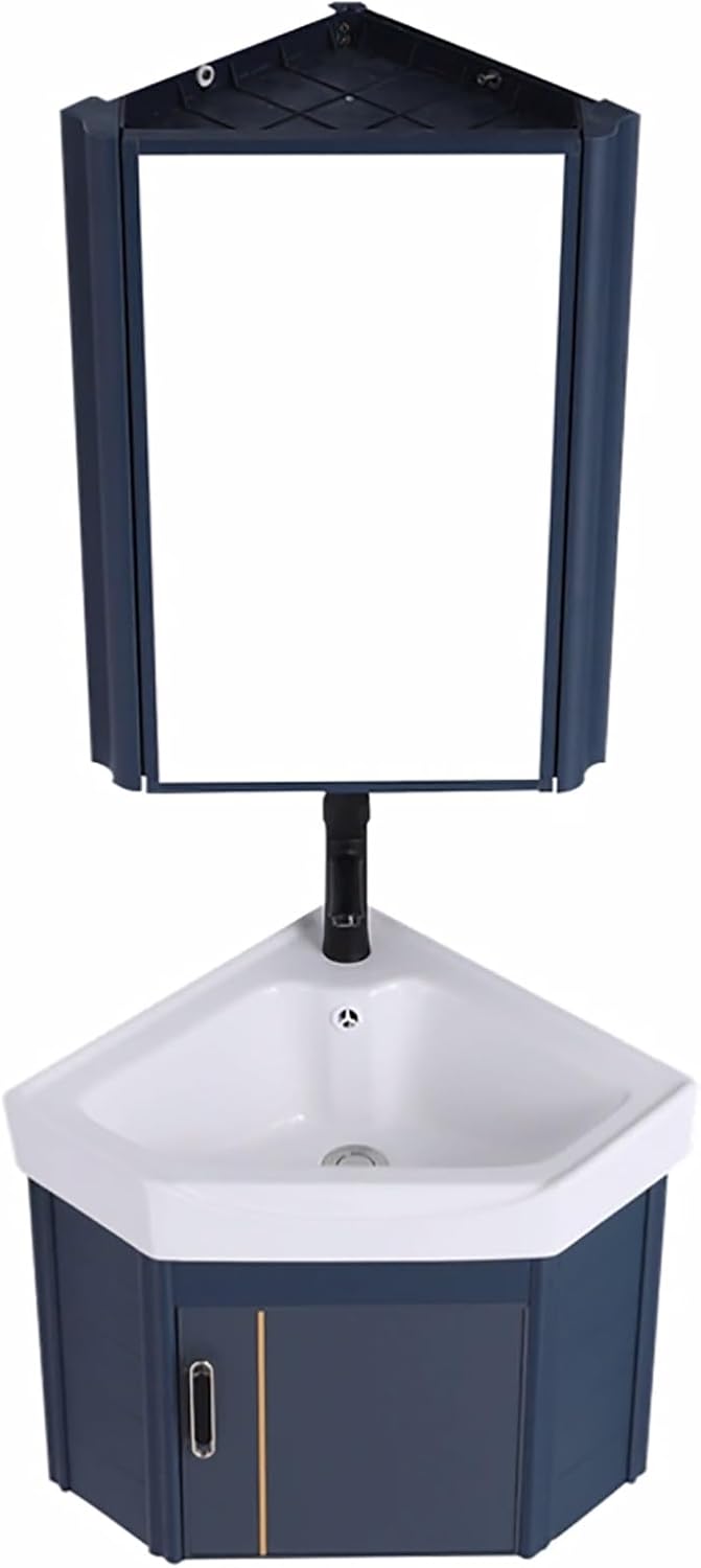 Corner Ceramic Sink Bathroom Vanity Cabinet Corner Wall Mount Bathroom Sink Wall Mounted Bathroom Sink Bathroom Sink with Storage Container Cabinet with Mirror(White,15in/38cm)
