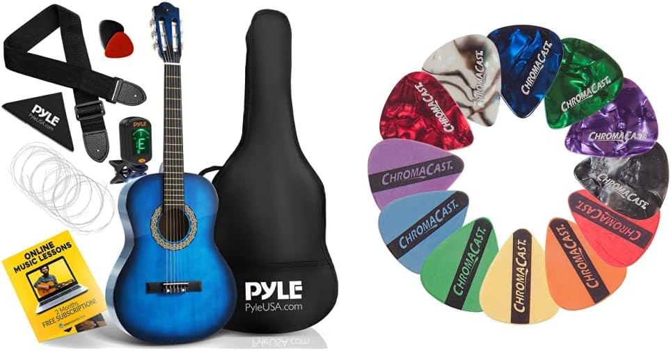 Pyle Beginner Acoustic Guitar Kit (3/4 Junior Size) and ChromaCast CC-SAMPLE Sampler Guitar Picks (12 count)