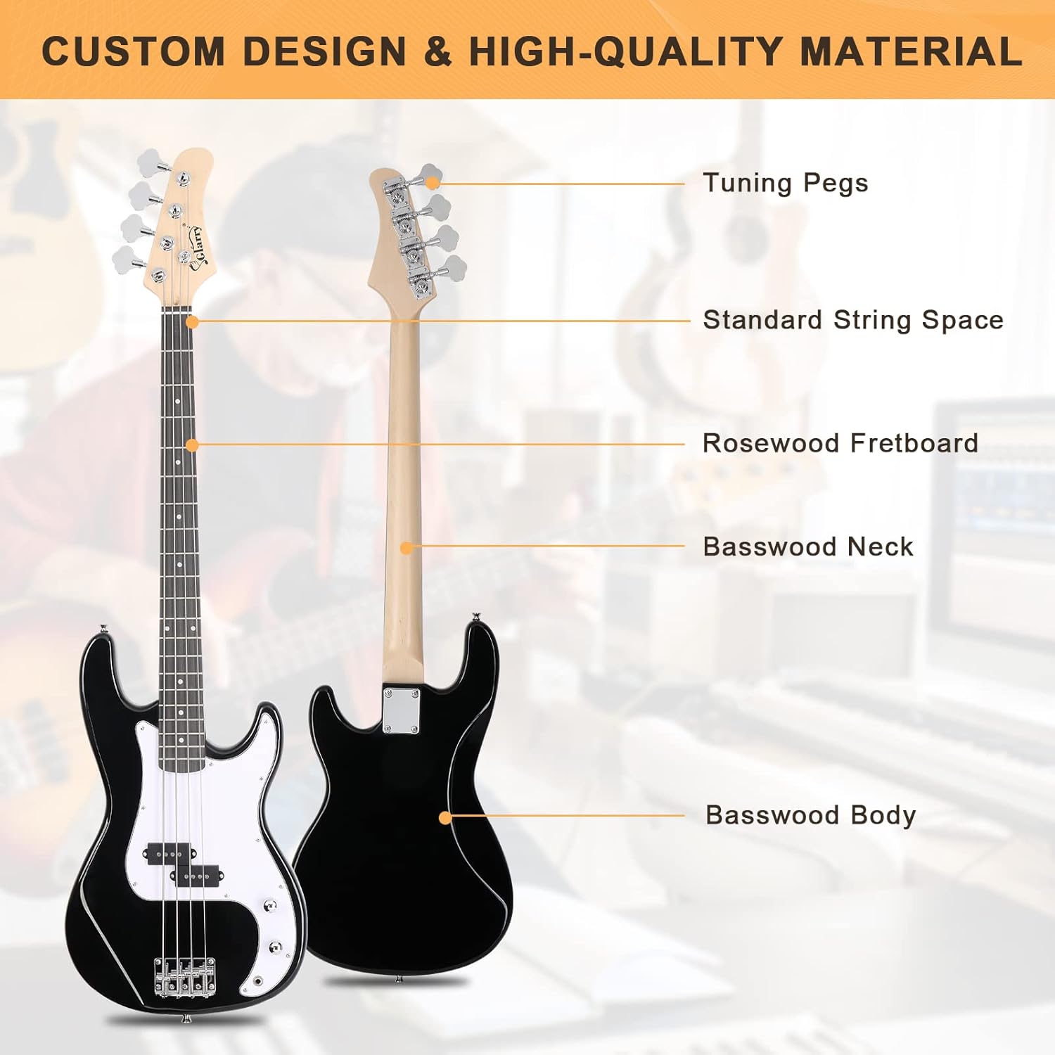 GLARRY Full Size Electric Bass Guitar Beginner Kit 4 String Exquisite Basswood Bass with 20W AMP, Cable, Strap, Bag and Accessories (Black, 39