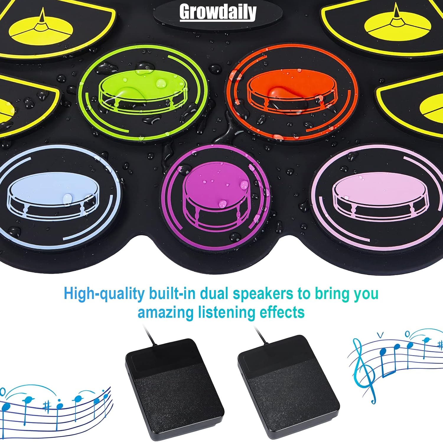 Electric Kids Drum Set,Electronic Drum Set Practice 9 Pads With Stand,Music Recording,Light Up Drum Sticks,Drum Pedal,Midi,Dual Stereo Speaker(Rainbow)