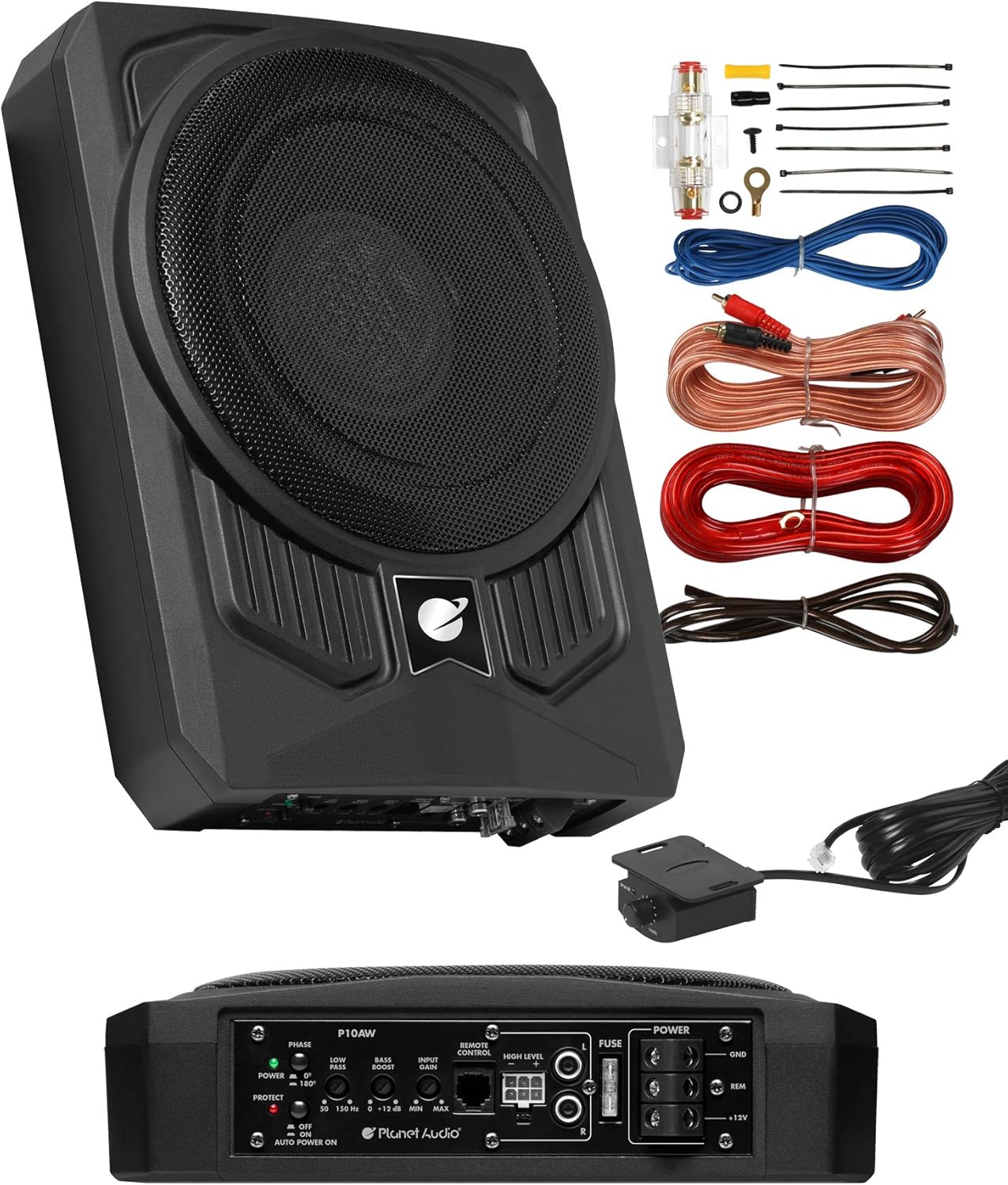 Planet Audio P10AWK Amplified Car Subwoofer - 1000 Watts, Low Profile, 10 Inch Subwoofer, 8 Gauge Amplifier Installation Kit Included. Great for Vehicles That Need Bass But Have Limited Space
