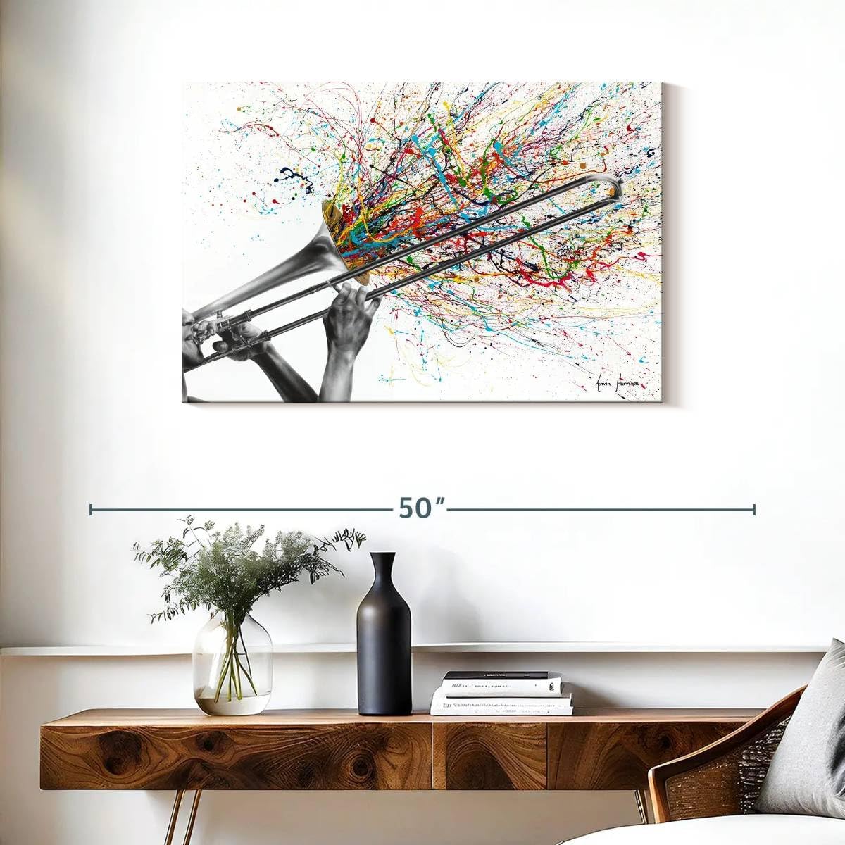 ElephantStock Trombone Solo Wall Art - Horizontal Wrapped Canvas - 1-Piece Living Room Wall Decor - Painting Music Canvas Print - White and Gray Decor for Wall by Ashvin Harrison - 36