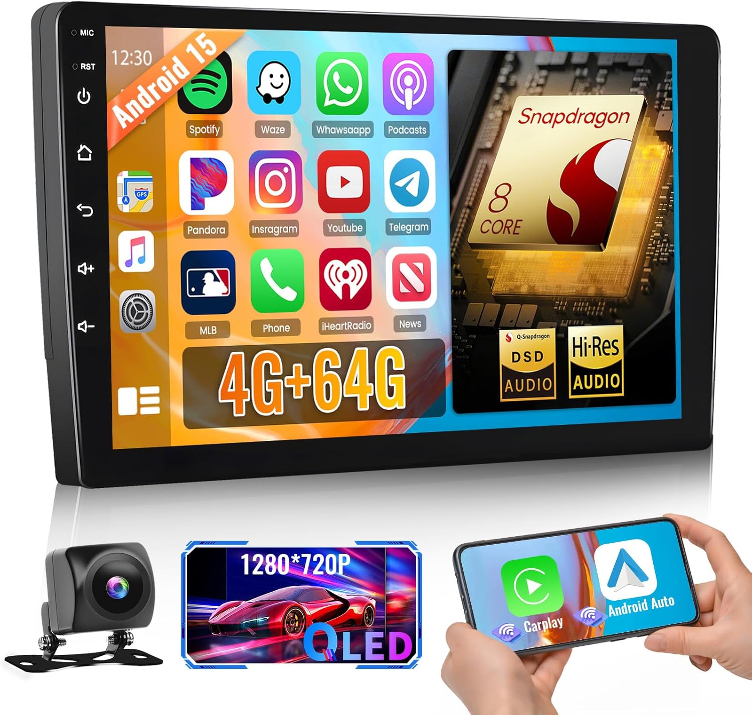 【Qualcomn Chipset】 8 Core 4+64GB Android Car Stereo Double Din 10 Inch Touch Screen Carplay Android Auto Radio DSP Hi-Res Picture in Picture+AHD Backup Camera Voice Assistant