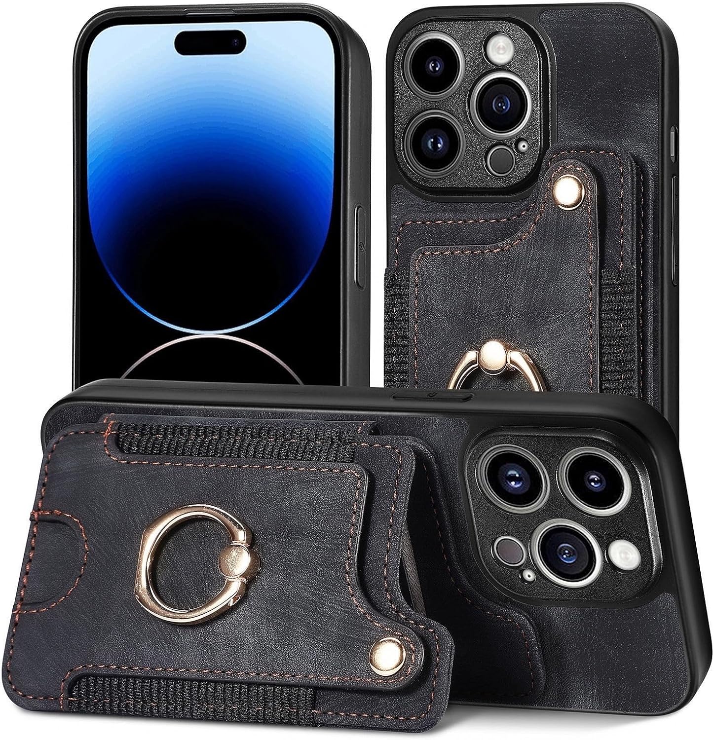 Case for Iphone16/16 Plus/16 Pro/16 Pro Max，RFID Anti-Theft Finger Ring Shell Multi-Function Card Cover(Black,16 Pro Max