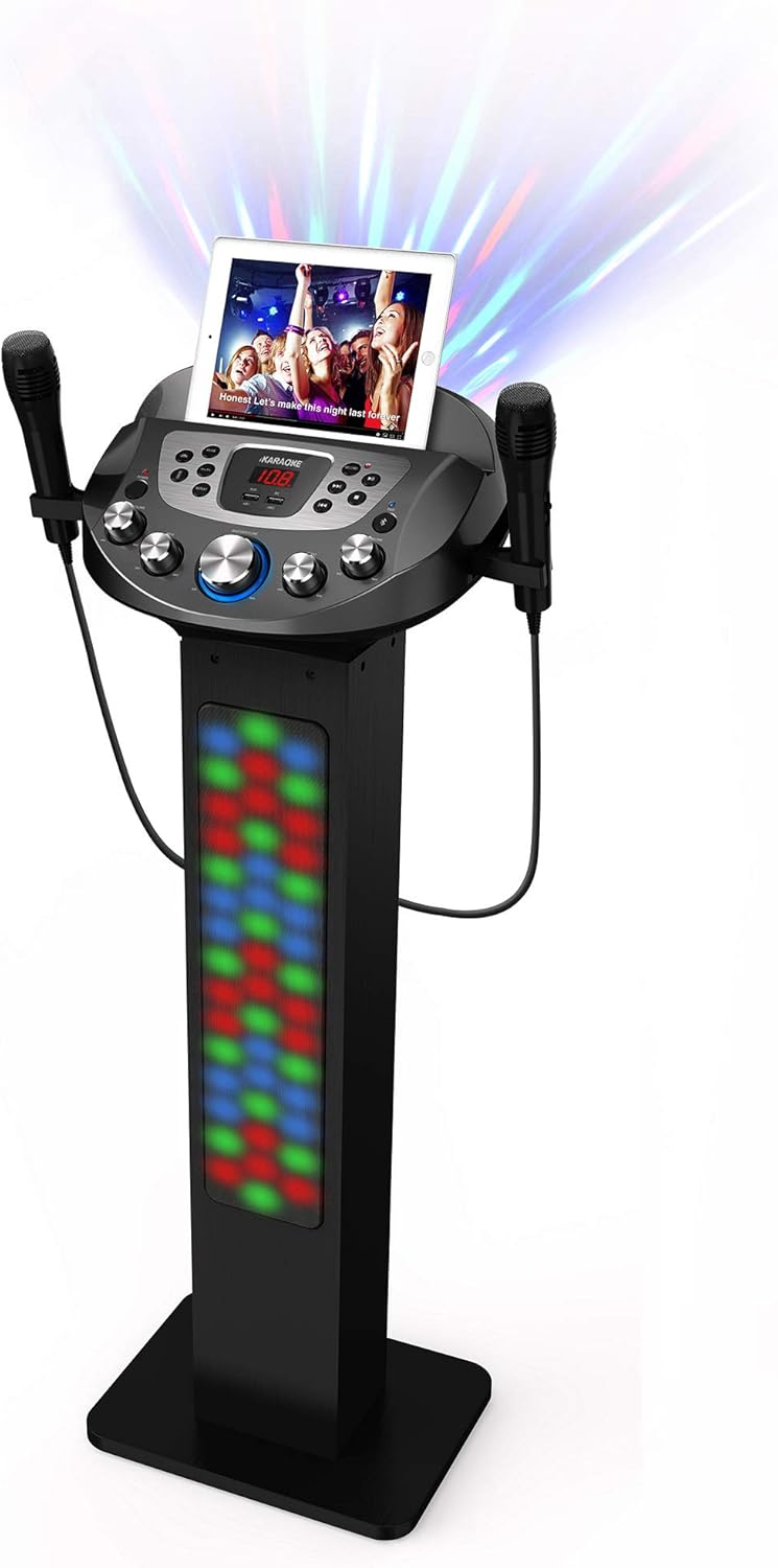 Starion KS829-B Bluetooth Karaoke Machine l Pedestal Design w/Light Show l 4 Built-in Speakers & 2 Tweeters l Two USB for Bluetooth / MP3 Record & Playback l Disco Ball Effect l Two Microphones
