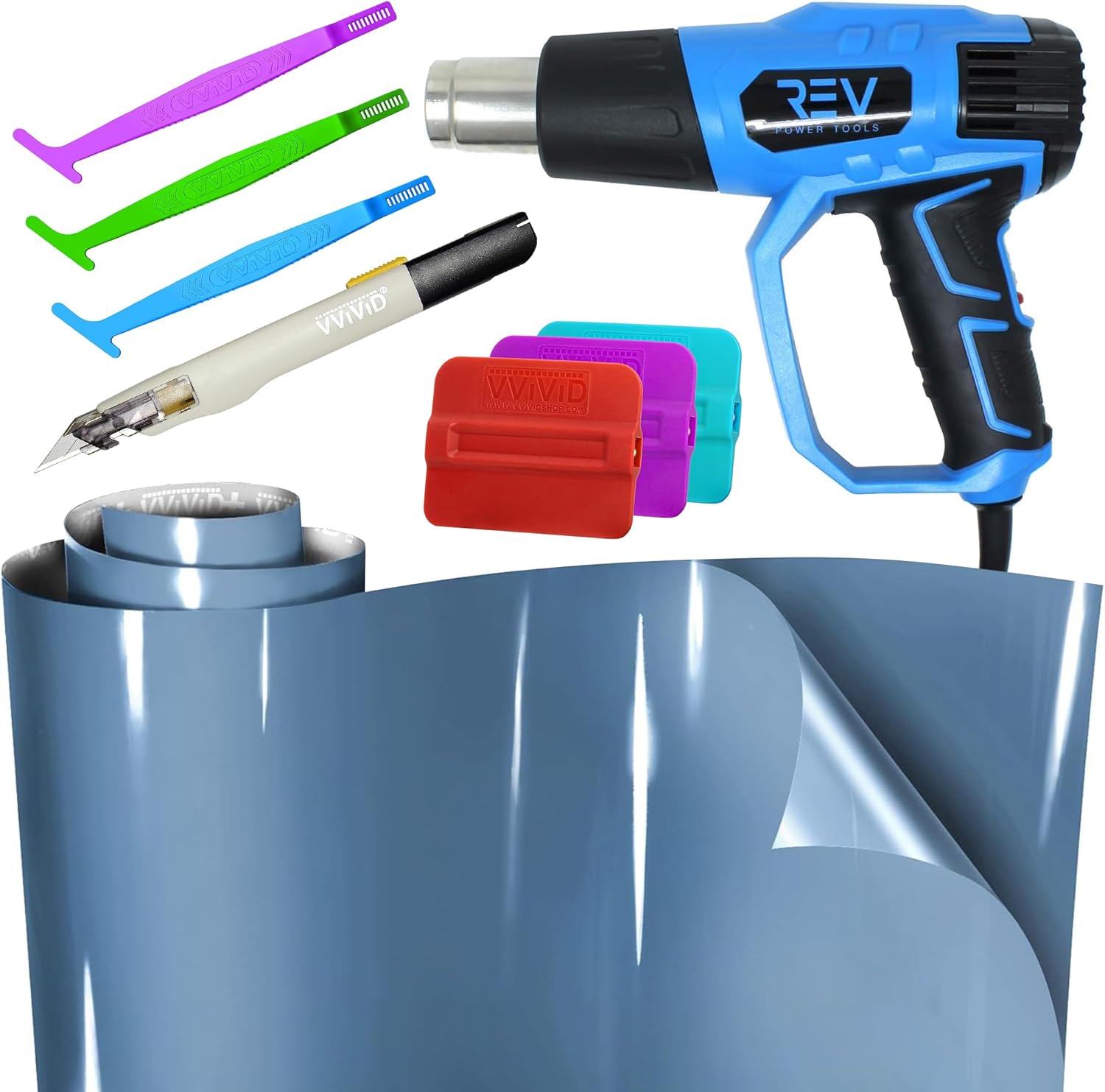 VViViD+ Ultra Gloss China Blue Automotive Wrap (50ft x 5ft) + Blaze Turbo Heat Gun + Magnetic Squeegees 3pcs (Hard, Medium & Soft) + Premium Knife + Wrap Sticks 3pcs (Hard, Medium & Soft) Bundle - M0