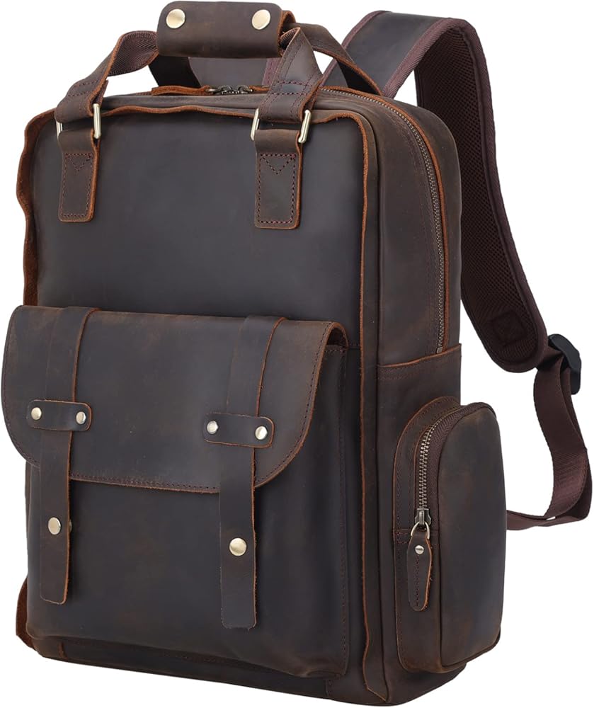 TIDING Genuine Leather 15.6 inch Laptop Backpack for Men College Casual Rucksack Backpack Business Travel Daypack