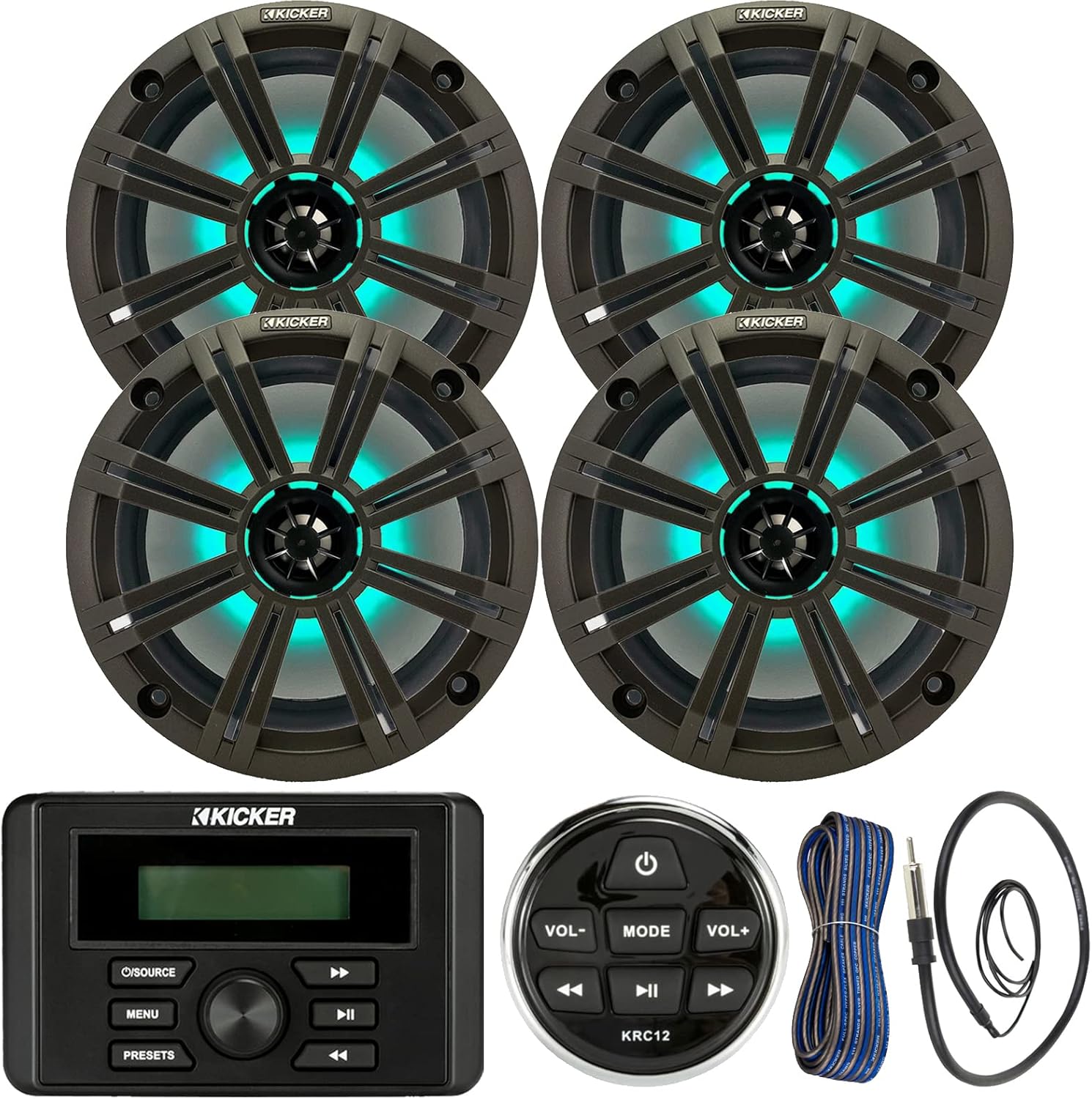 Kicker Weather-Resistant Marine Bluetooth USB RCA Stereo Receiver w/Remote Bundle with (QTY 4) 8