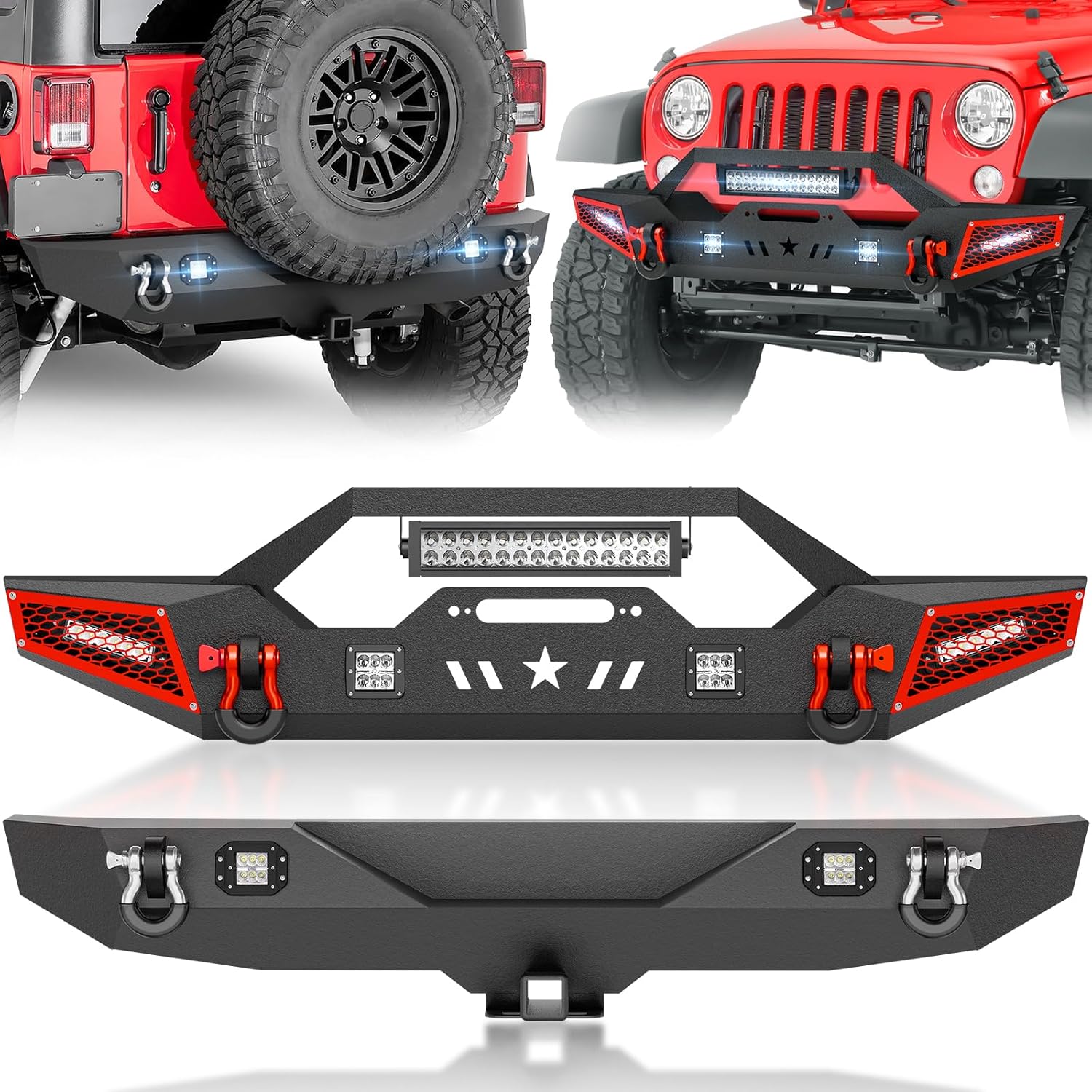 for JK Front & Rear Bumper Compatible with 2007 2008 2009 2010 2011 2012 2013 2014 2015 2016 2017 2018 Jeep Wrangler JK JKU with Winch Plate, LED Lights, Hitch Receiver, Paintable Armor, D-rings